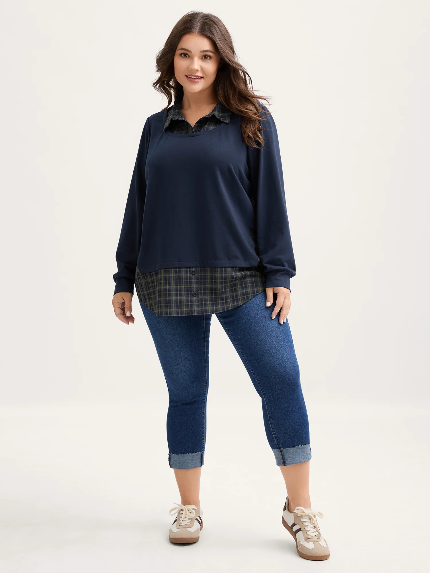 2-in-1 A-line Plaid Sweater Shirt Top - Image 3