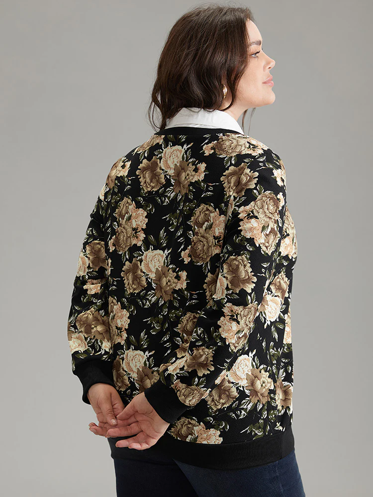 2-In-1 Floral Print Shirt Collar Sweatshirt - Image 2