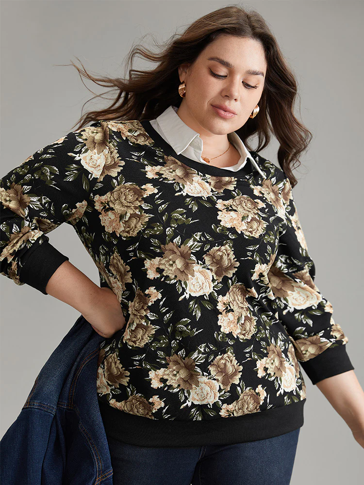 2-In-1 Floral Print Shirt Collar Sweatshirt - Image 3