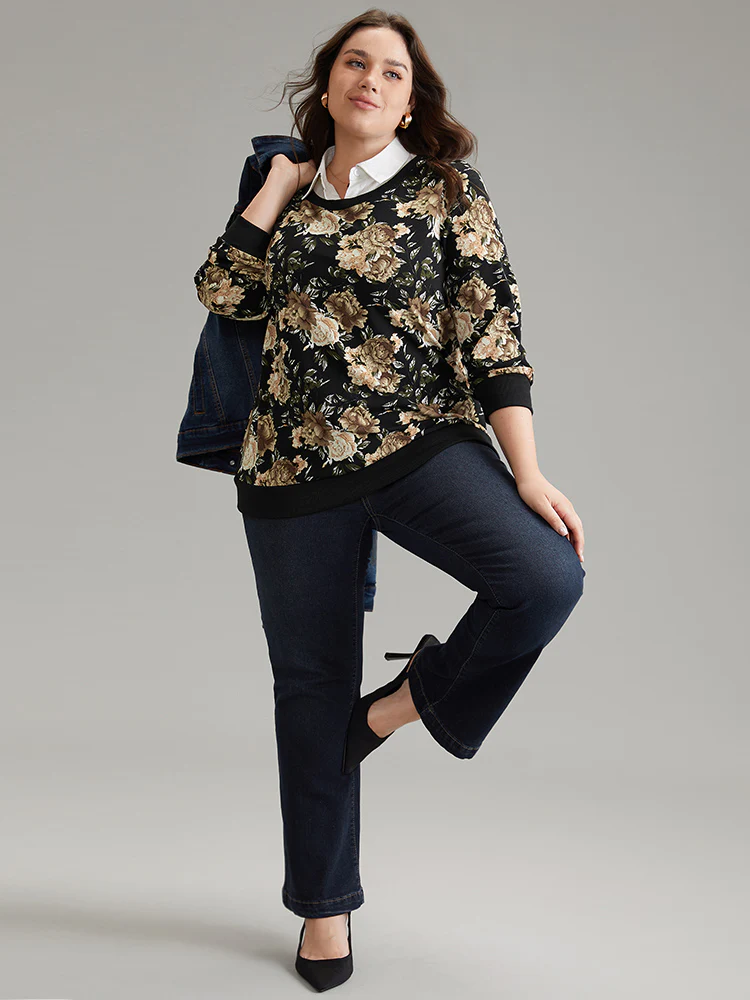 2-In-1 Floral Print Shirt Collar Sweatshirt - Image 4
