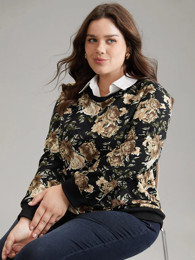 2-In-1 Floral Print Shirt Collar Sweatshirt - Image 5