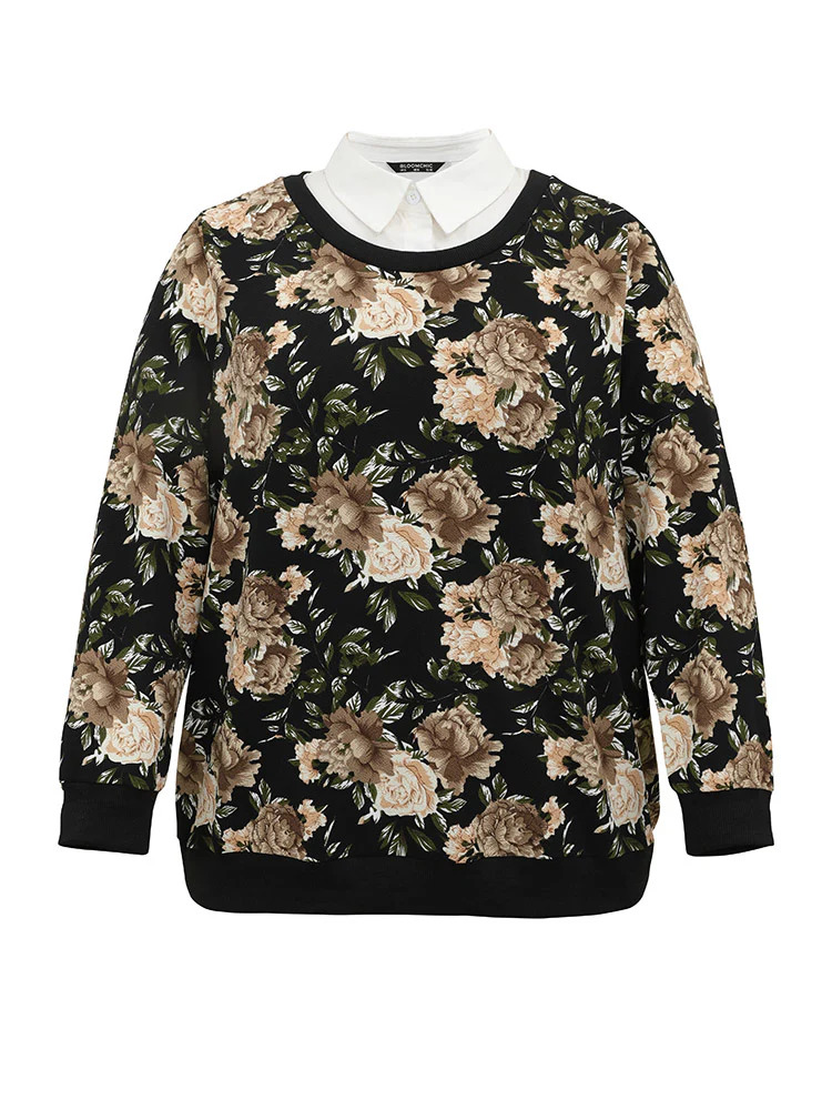 2-In-1 Floral Print Shirt Collar Sweatshirt - Image 7