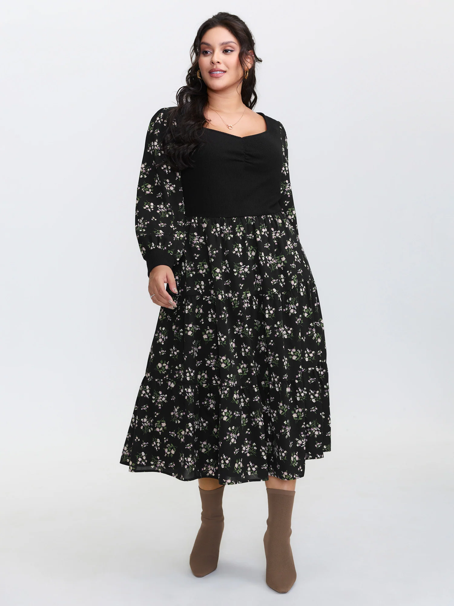 2-in-1 Floral Ruched Midi Dress - Image 3