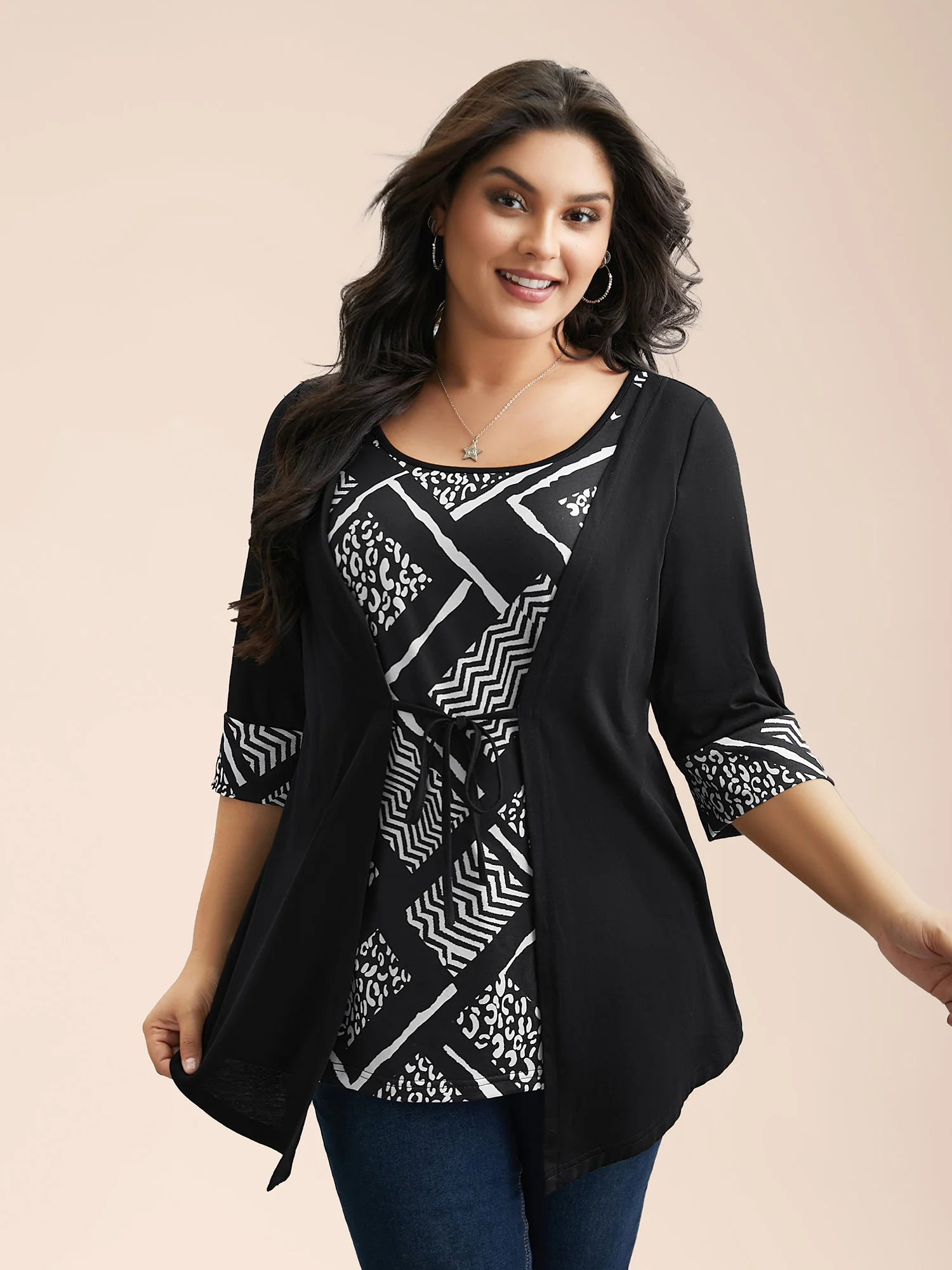 2-in-1 Geometric Print Patchwork Stretchy Top