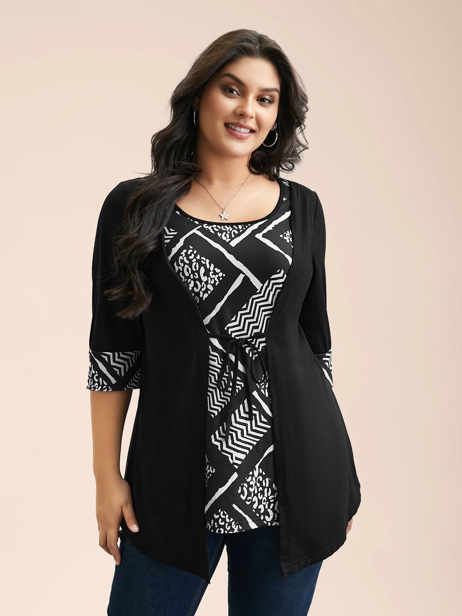 2-in-1 Geometric Print Patchwork Stretchy Top - Image 2