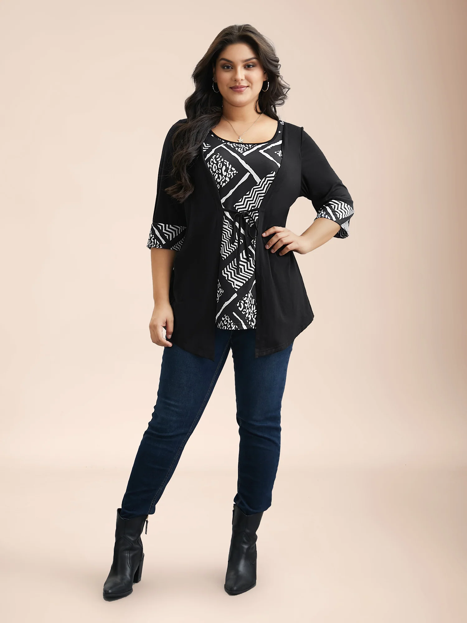 2-in-1 Geometric Print Patchwork Stretchy Top - Image 4