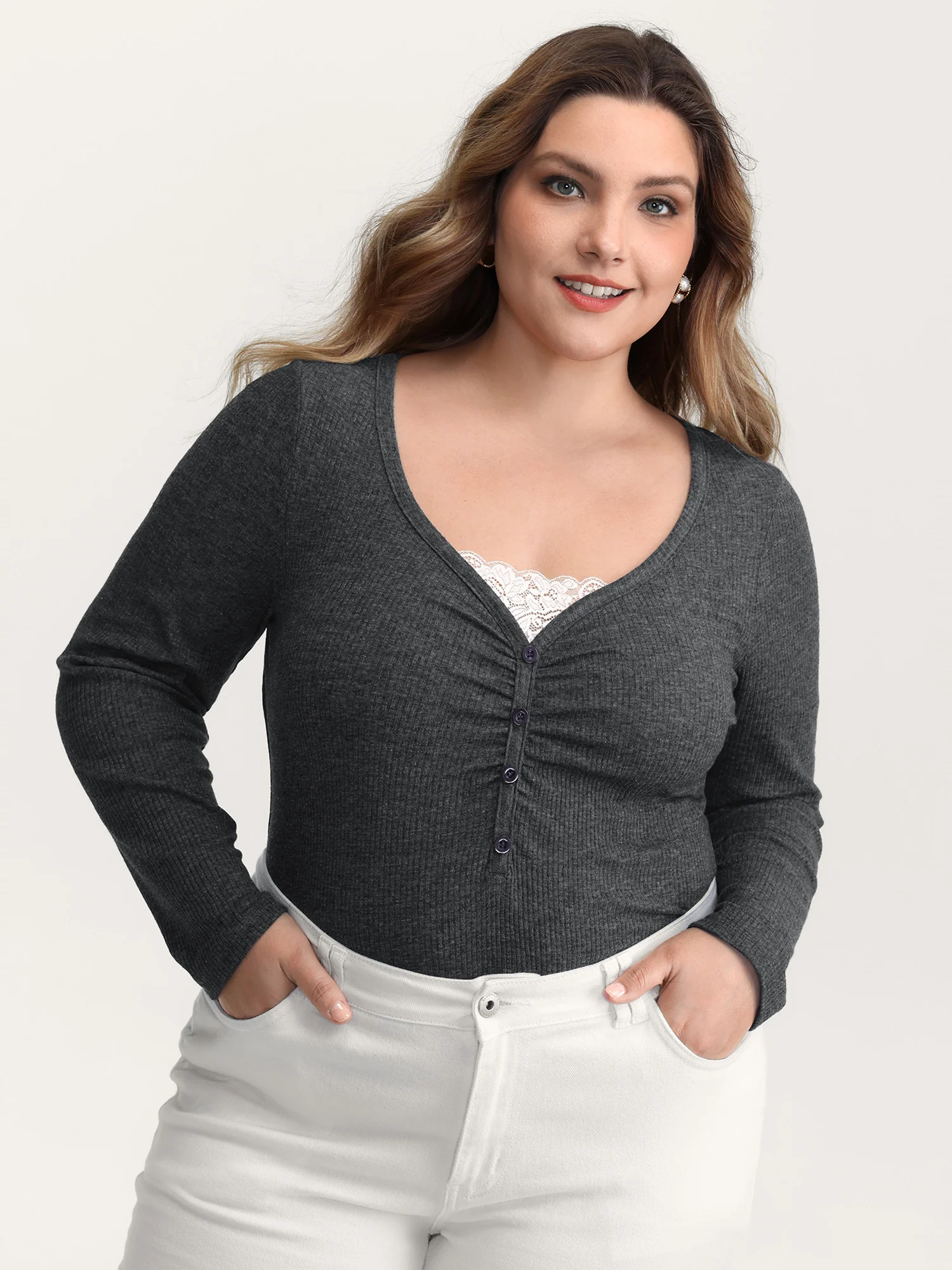 2-In-1 Lace Patchwork Ruched T-Shirt - Image 3