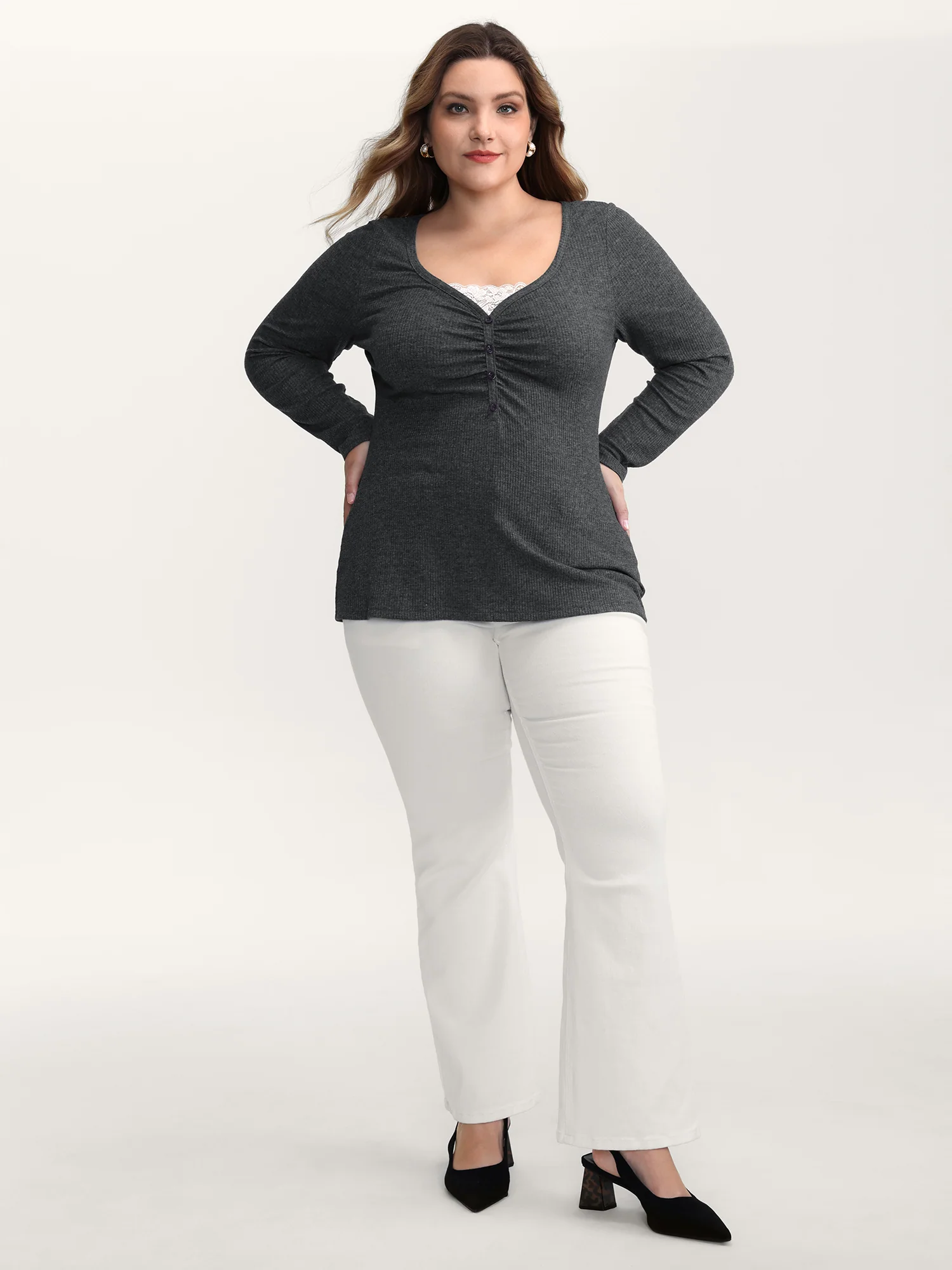 2-In-1 Lace Patchwork Ruched T-Shirt - Image 4