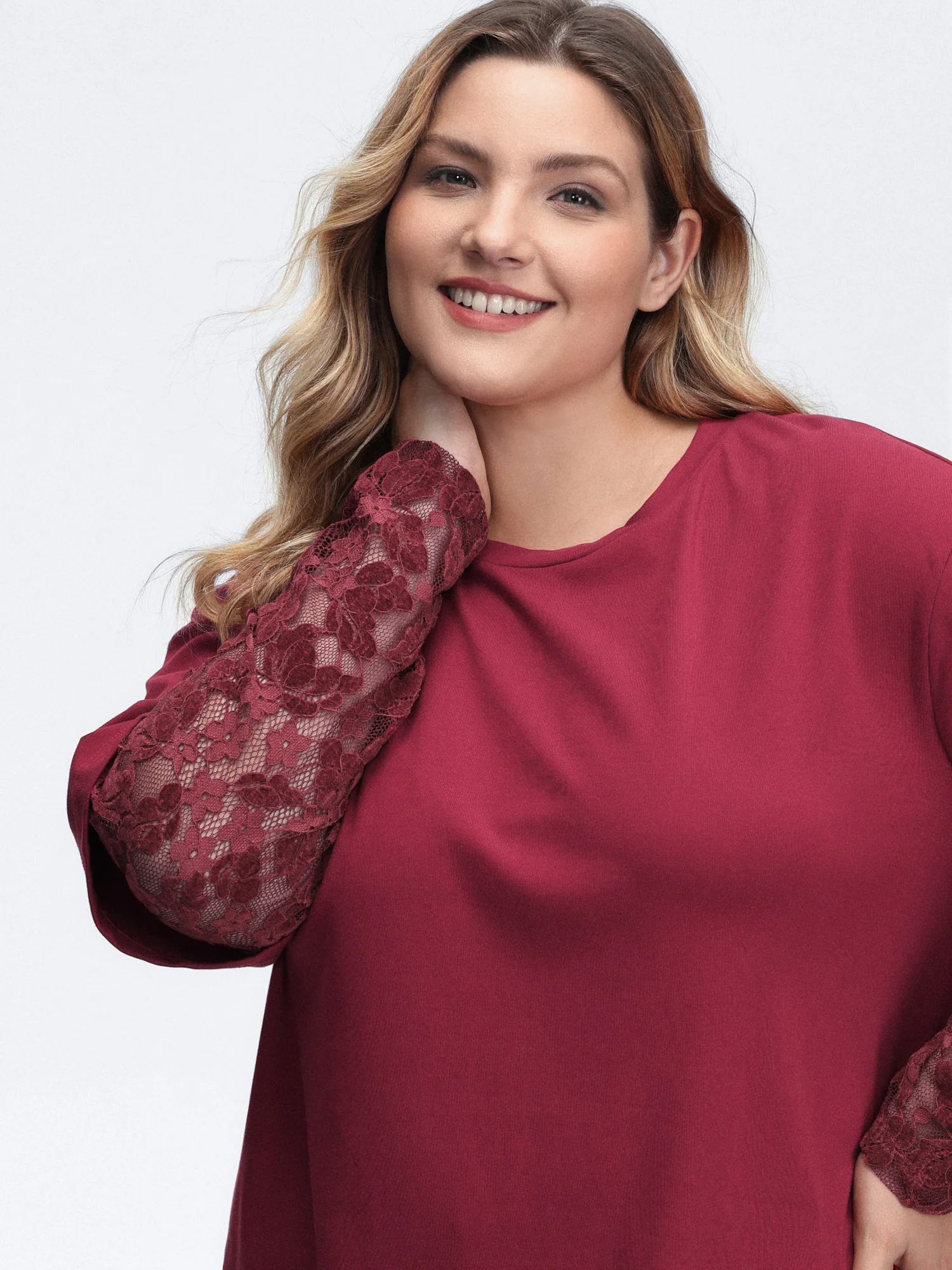 2-In-1 Layered Sheer Lace Sleeve T-Shirt - Image 2