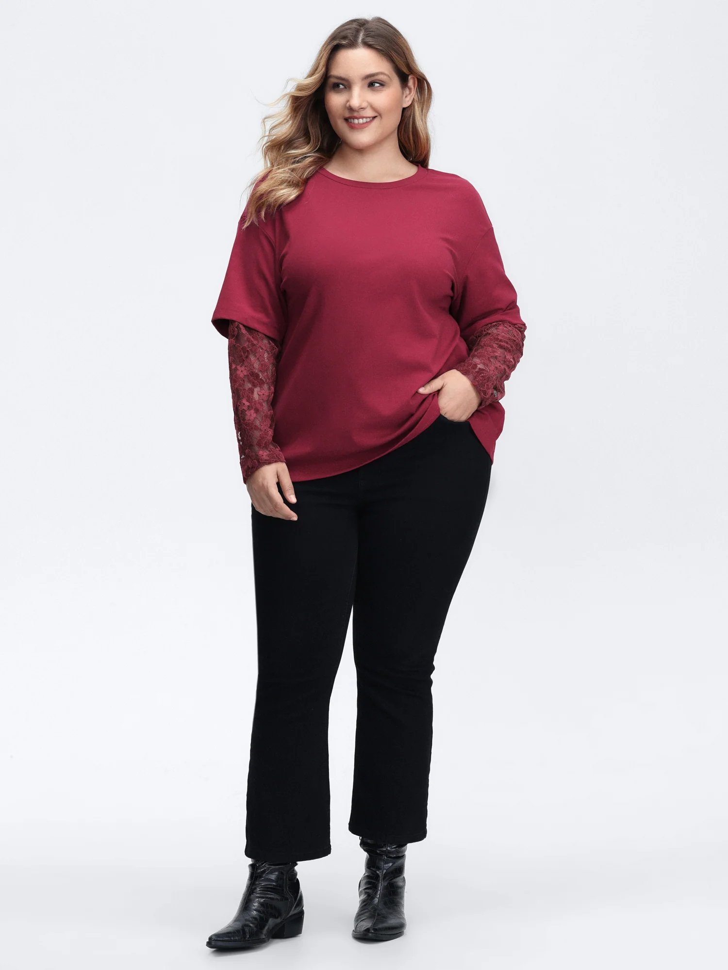 2-In-1 Layered Sheer Lace Sleeve T-Shirt - Image 3
