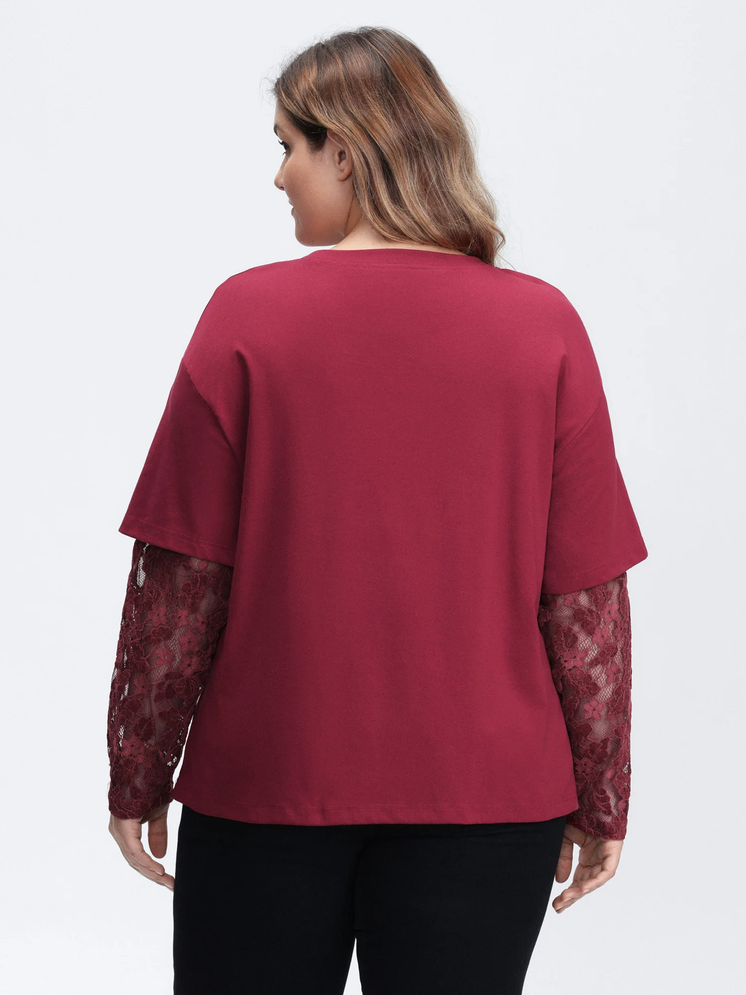2-In-1 Layered Sheer Lace Sleeve T-Shirt - Image 4