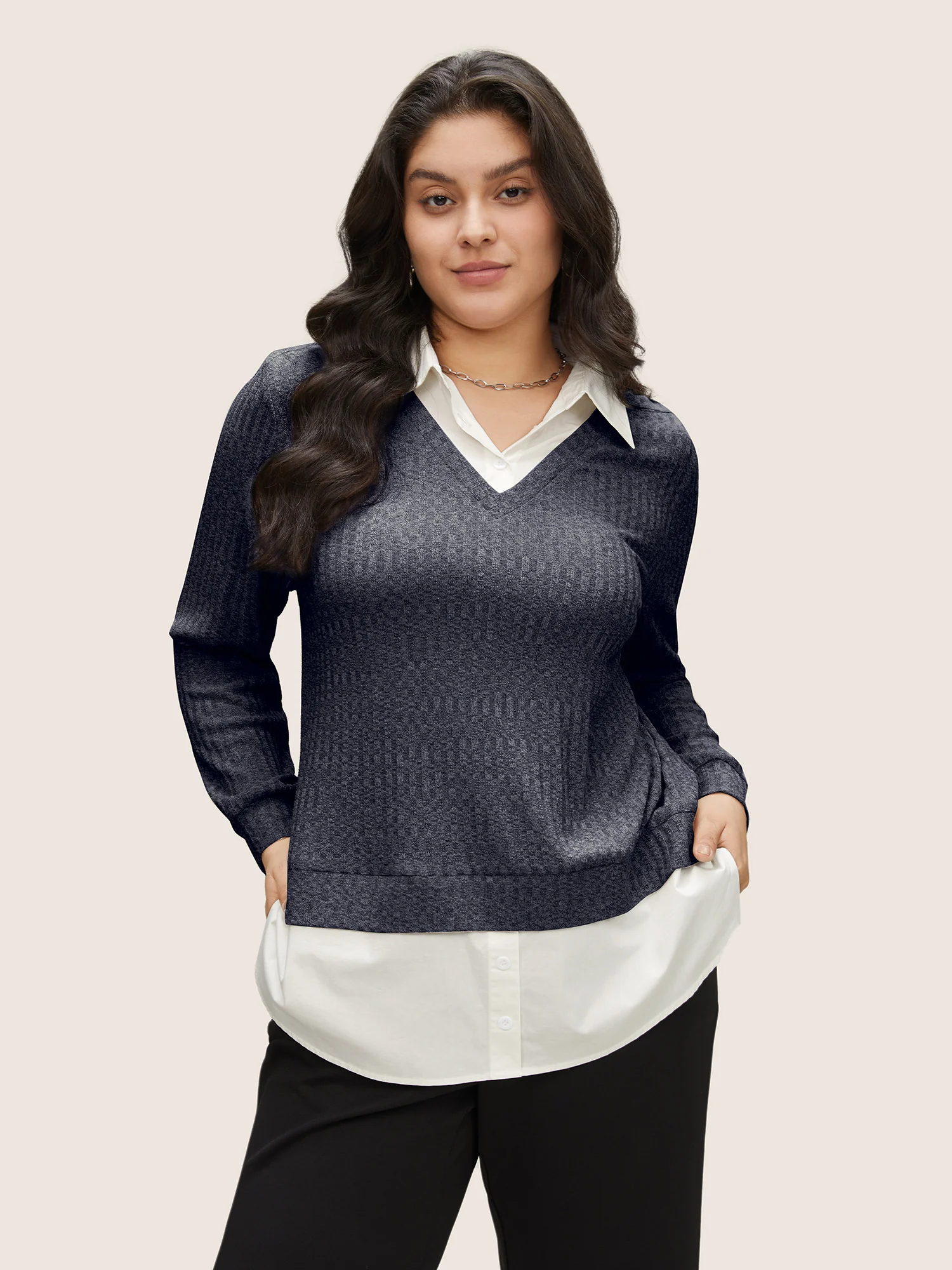 2-In-1 Patchwork Shirt Collar Sweatshirt