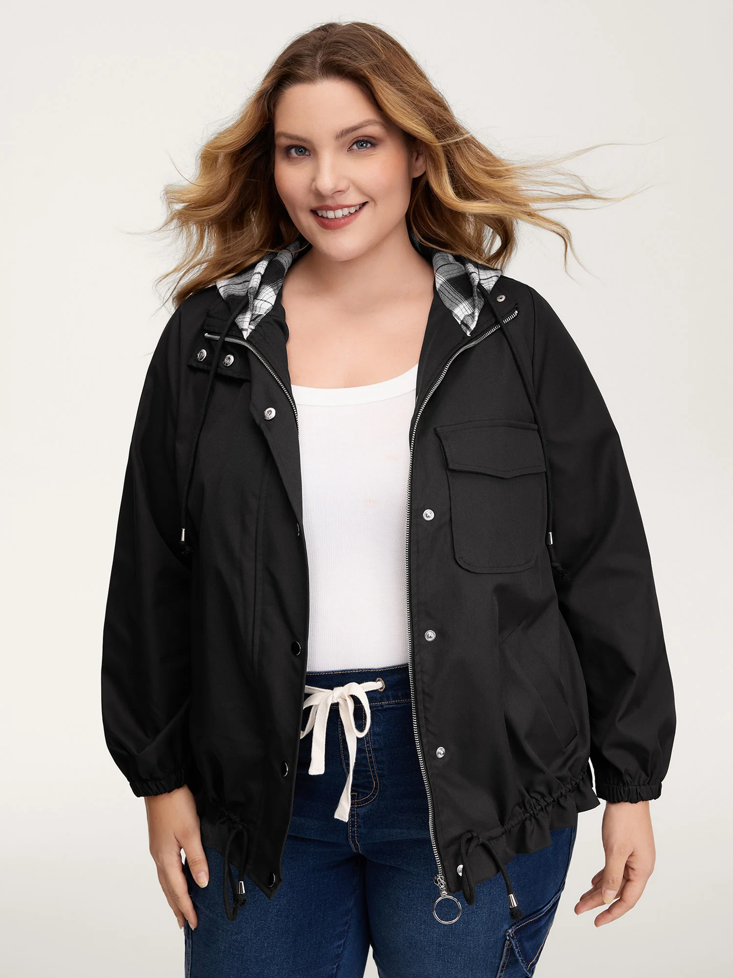 2-in-1 Plaid Hooded Adjustable Drawstring Jacket