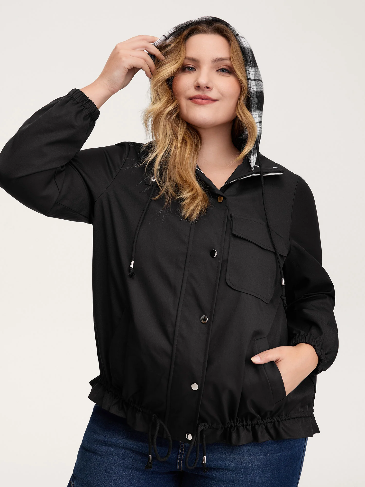 2-in-1 Plaid Hooded Adjustable Drawstring Jacket - Image 2