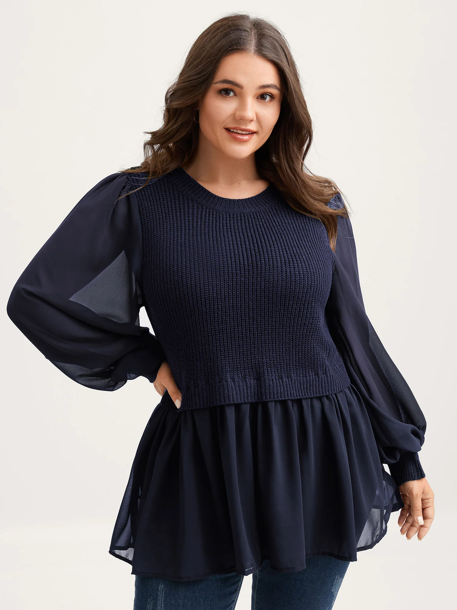 Balloon Sleeve Solid Twofer Sweater - Image 16