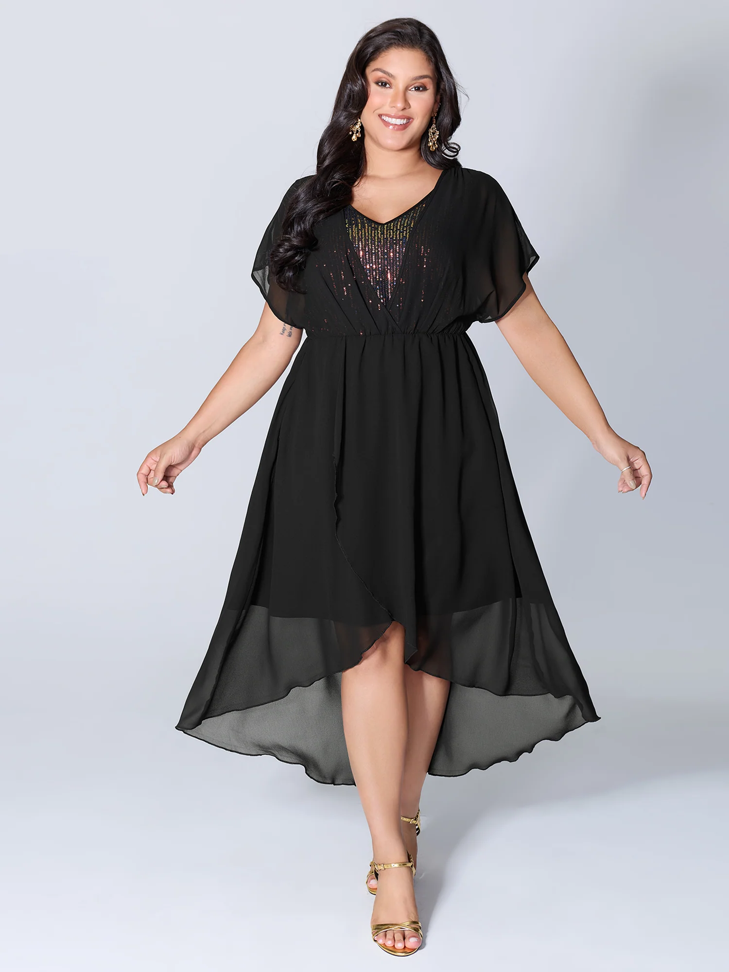 2-in-1 Sheer Sparkly Wrap Maxi Dress