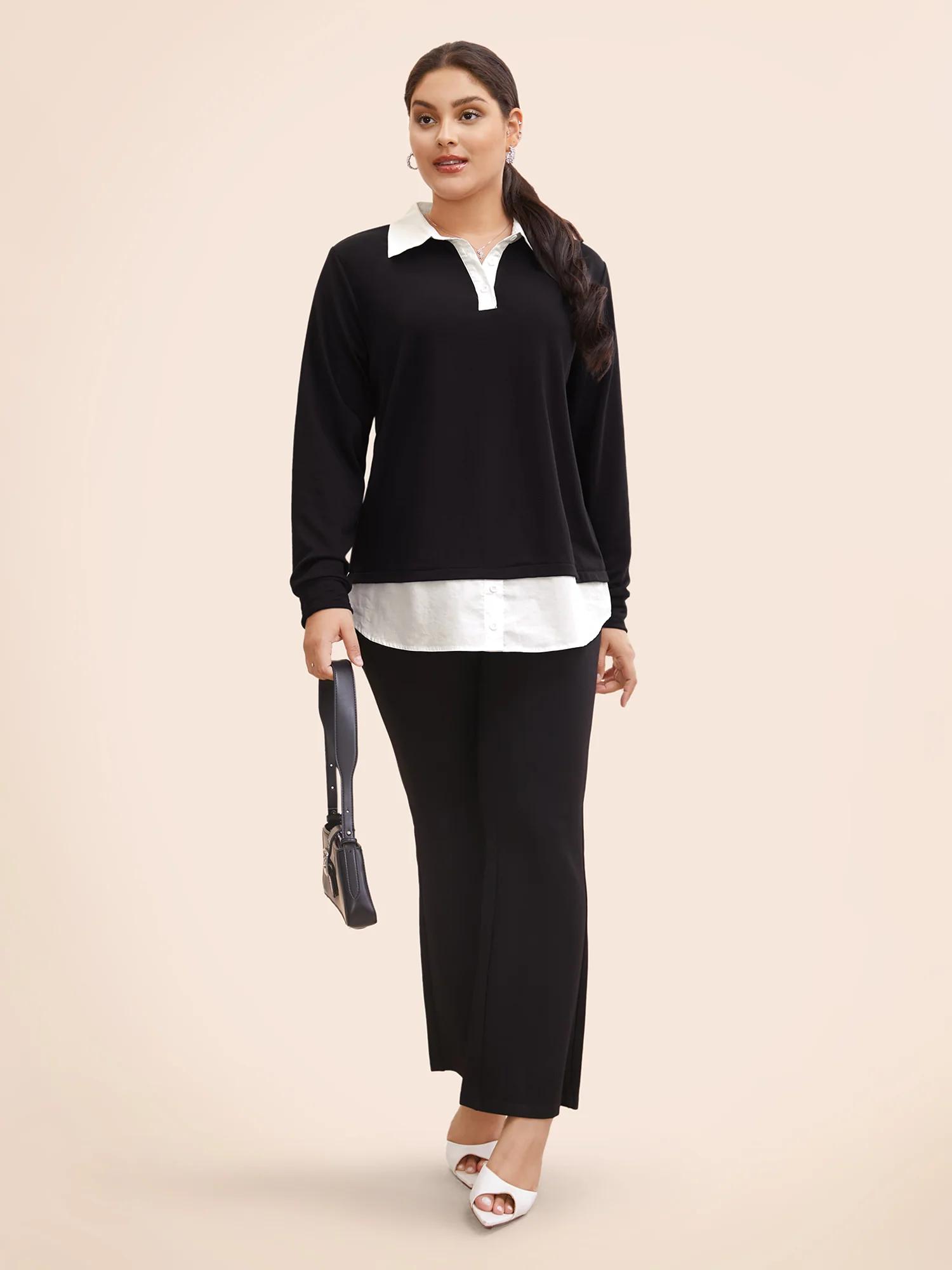 2-In-1 Shirt Collar Contrast Patchwork Sweatshirt - Image 3