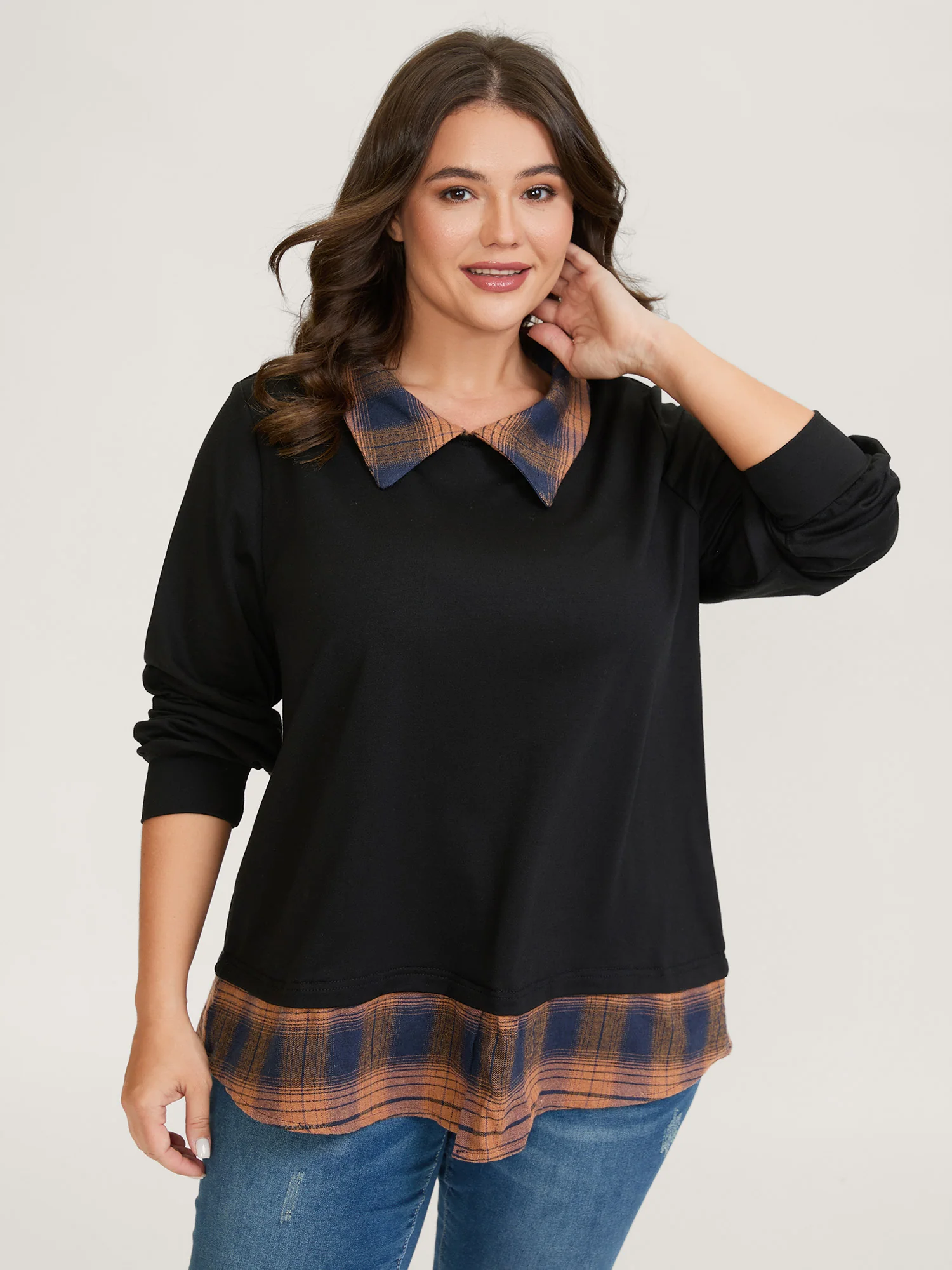 2-in-1 Stretchy Checkered Print Sweatshirt