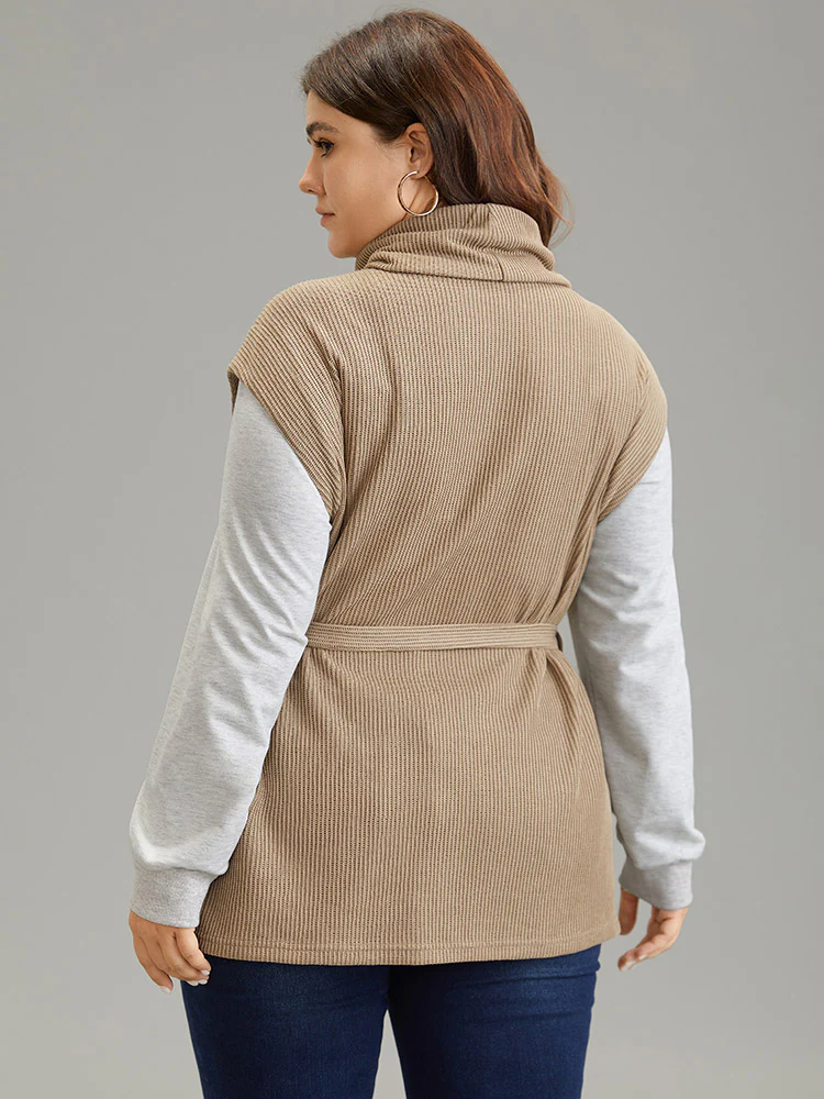 2-In-1 Turtleneck Texture Patchwork Belted Sweatshirt - Image 2