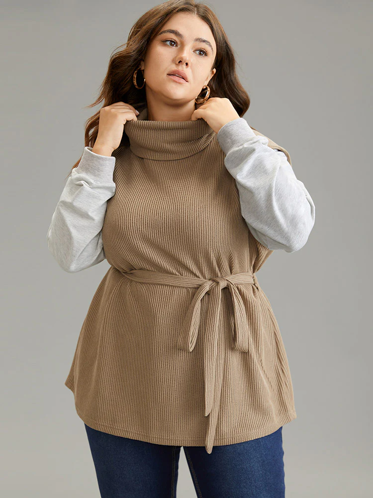 2-In-1 Turtleneck Texture Patchwork Belted Sweatshirt - Image 3