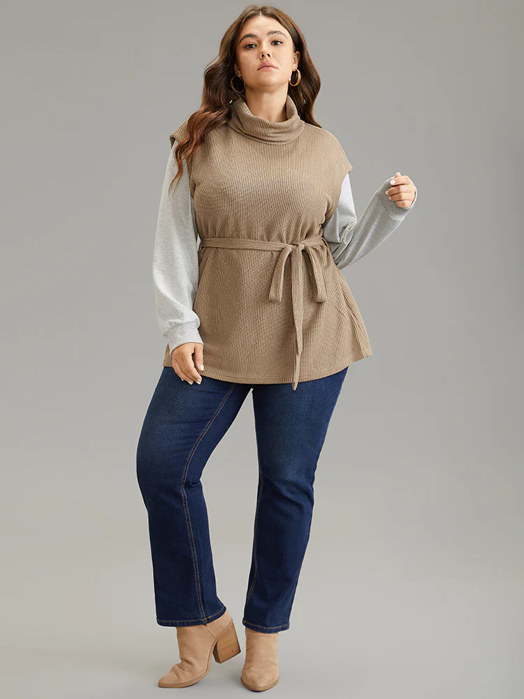 2-In-1 Turtleneck Texture Patchwork Belted Sweatshirt - Image 4