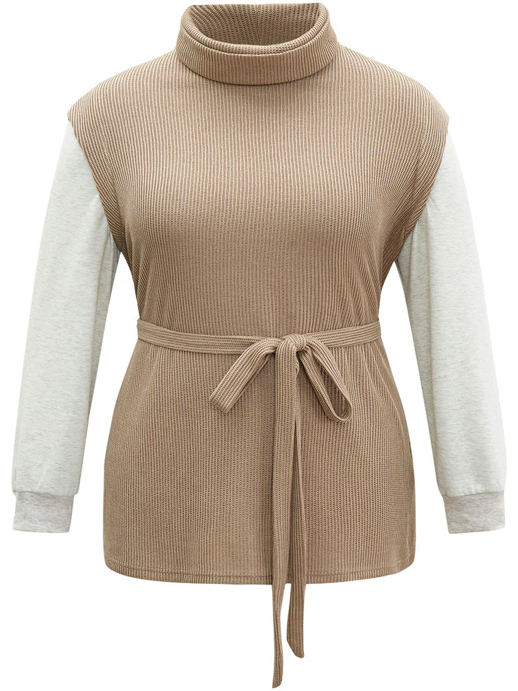 2-In-1 Turtleneck Texture Patchwork Belted Sweatshirt - Image 6