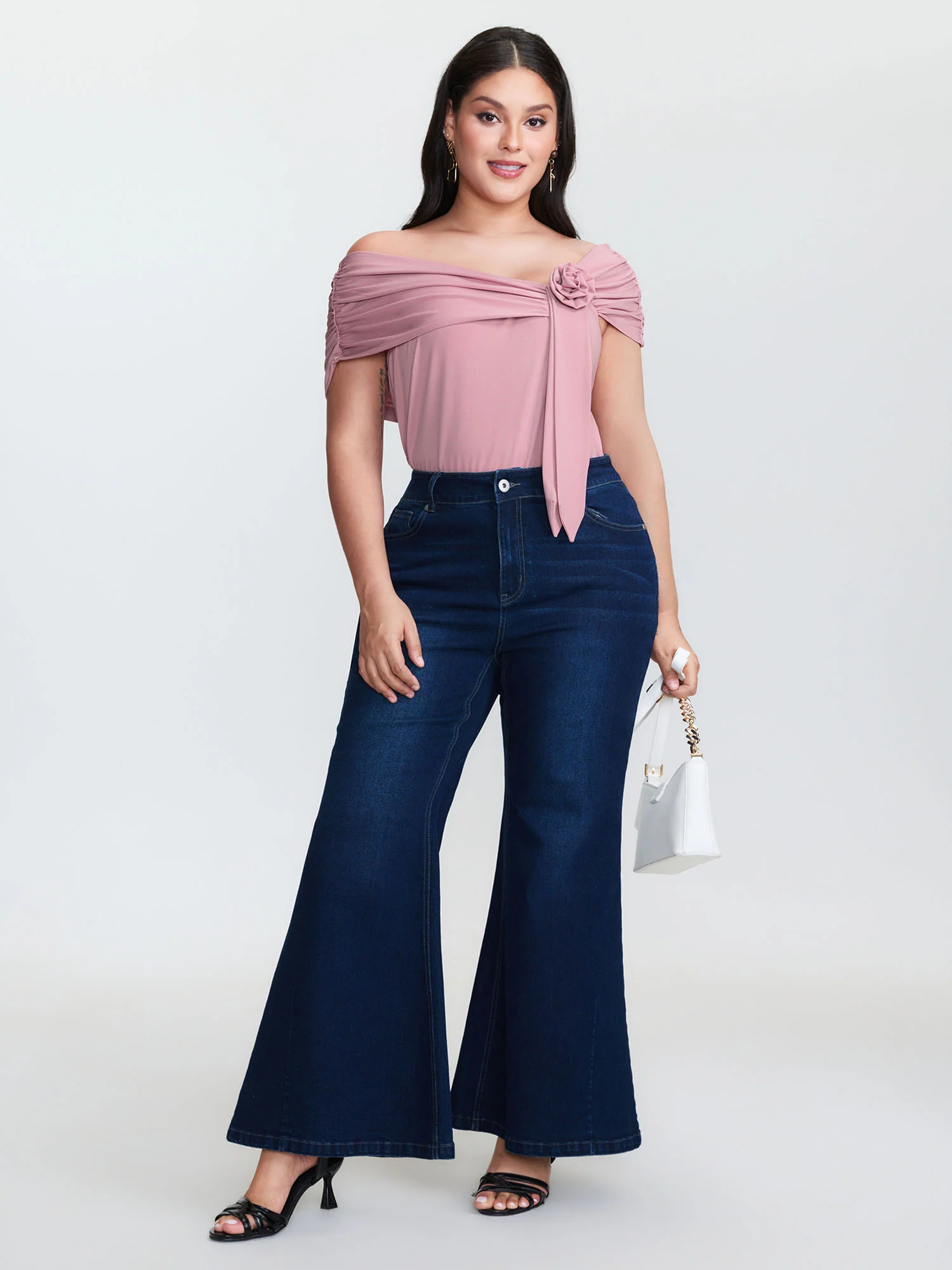 3D Floral Detail Asymmetrical Neckline T-Shirt - Image 3