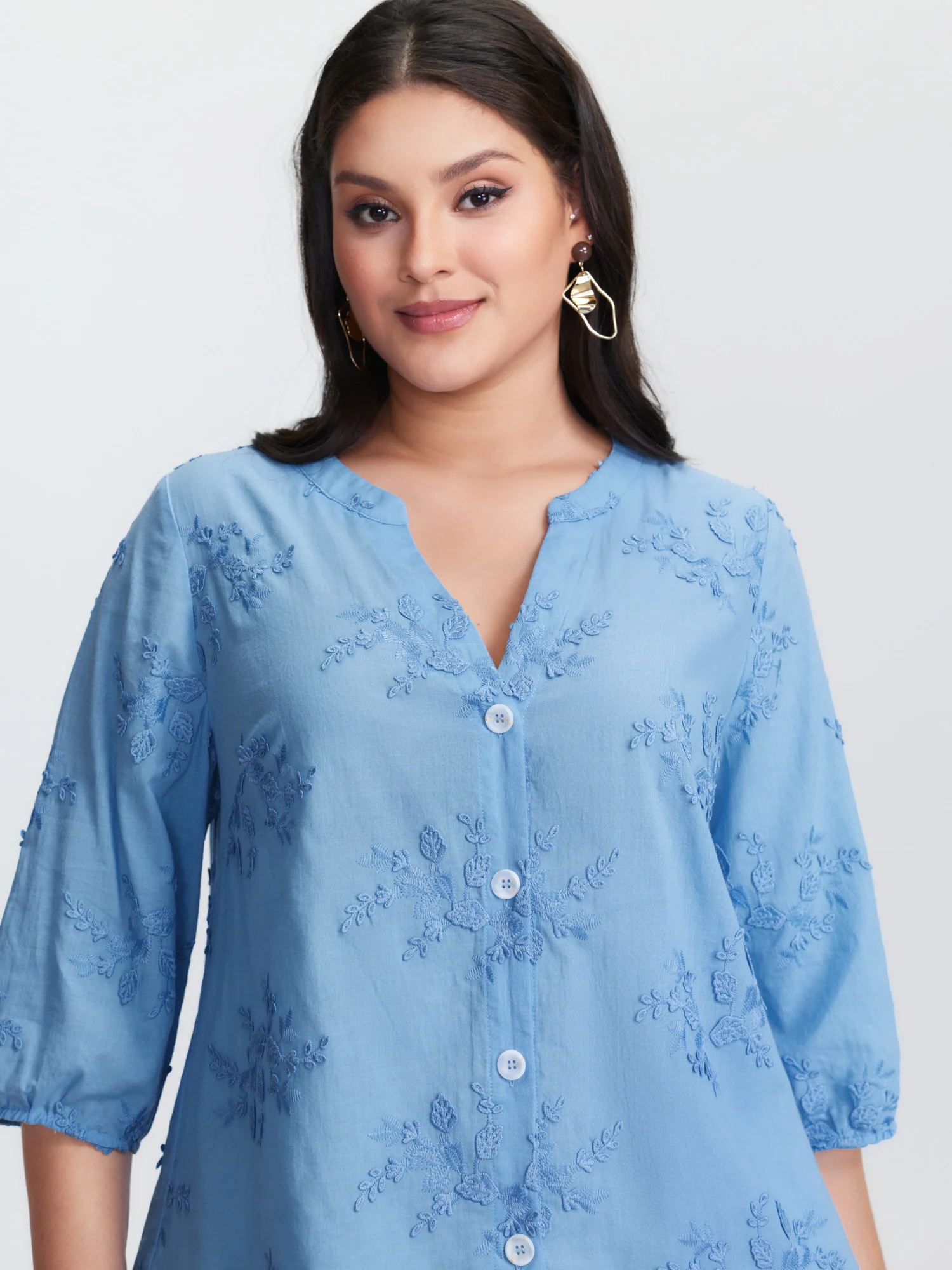 Cotton 3D Floral Embroidered Button-Down Knit Top - Image 2