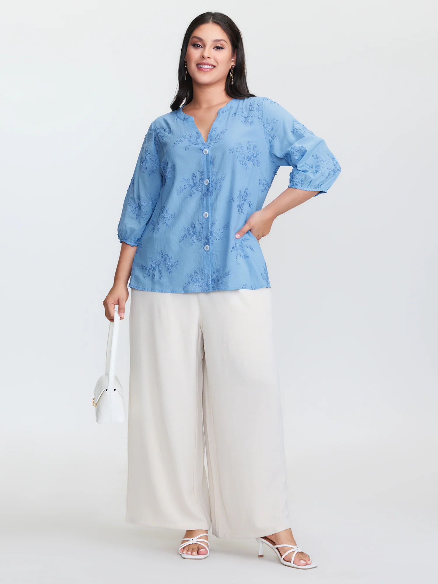 Cotton 3D Floral Embroidered Button-Down Knit Top - Image 3