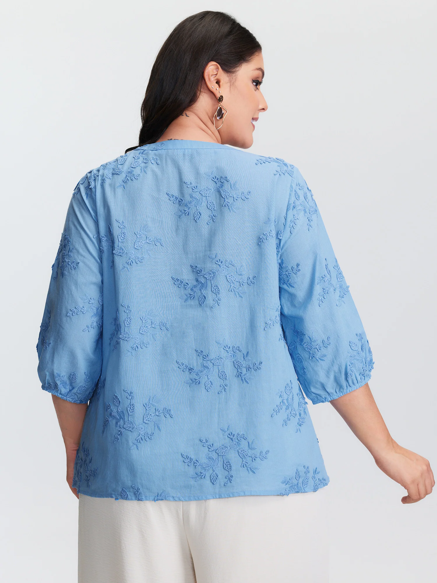 Cotton 3D Floral Embroidered Button-Down Knit Top - Image 4