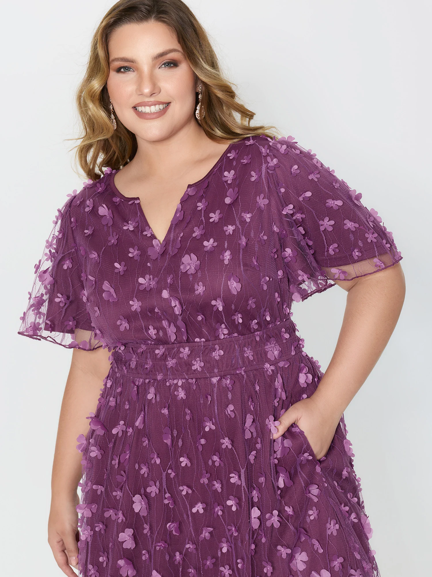 3D Floral Mesh Notched Neckline Midi Dress - Image 2