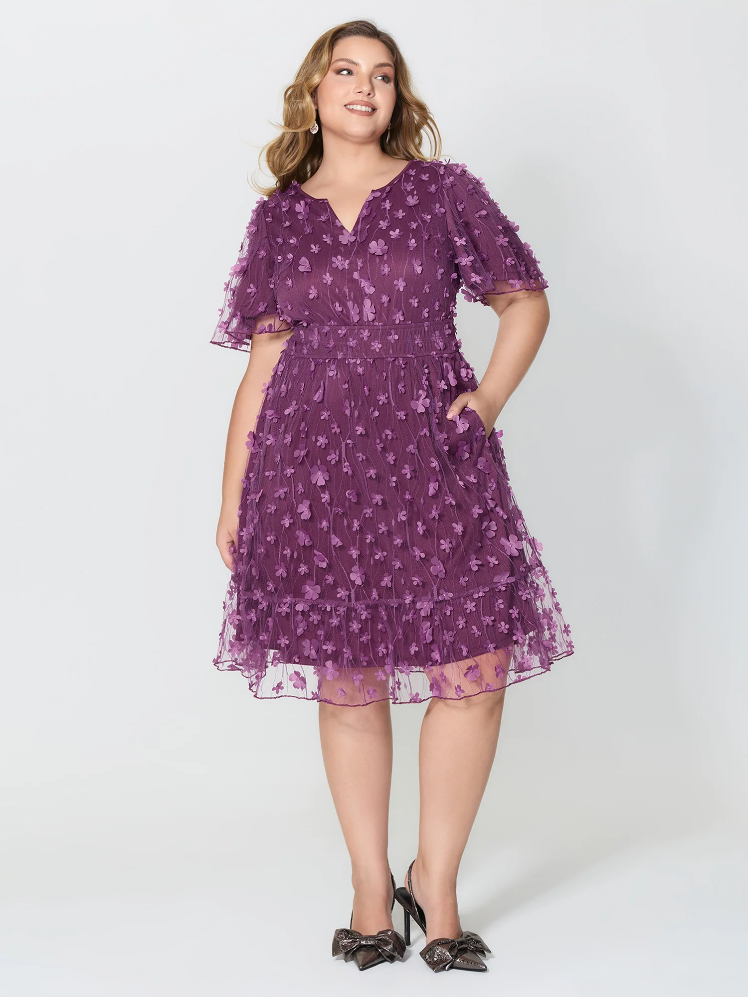 3D Floral Mesh Notched Neckline Midi Dress - Image 3