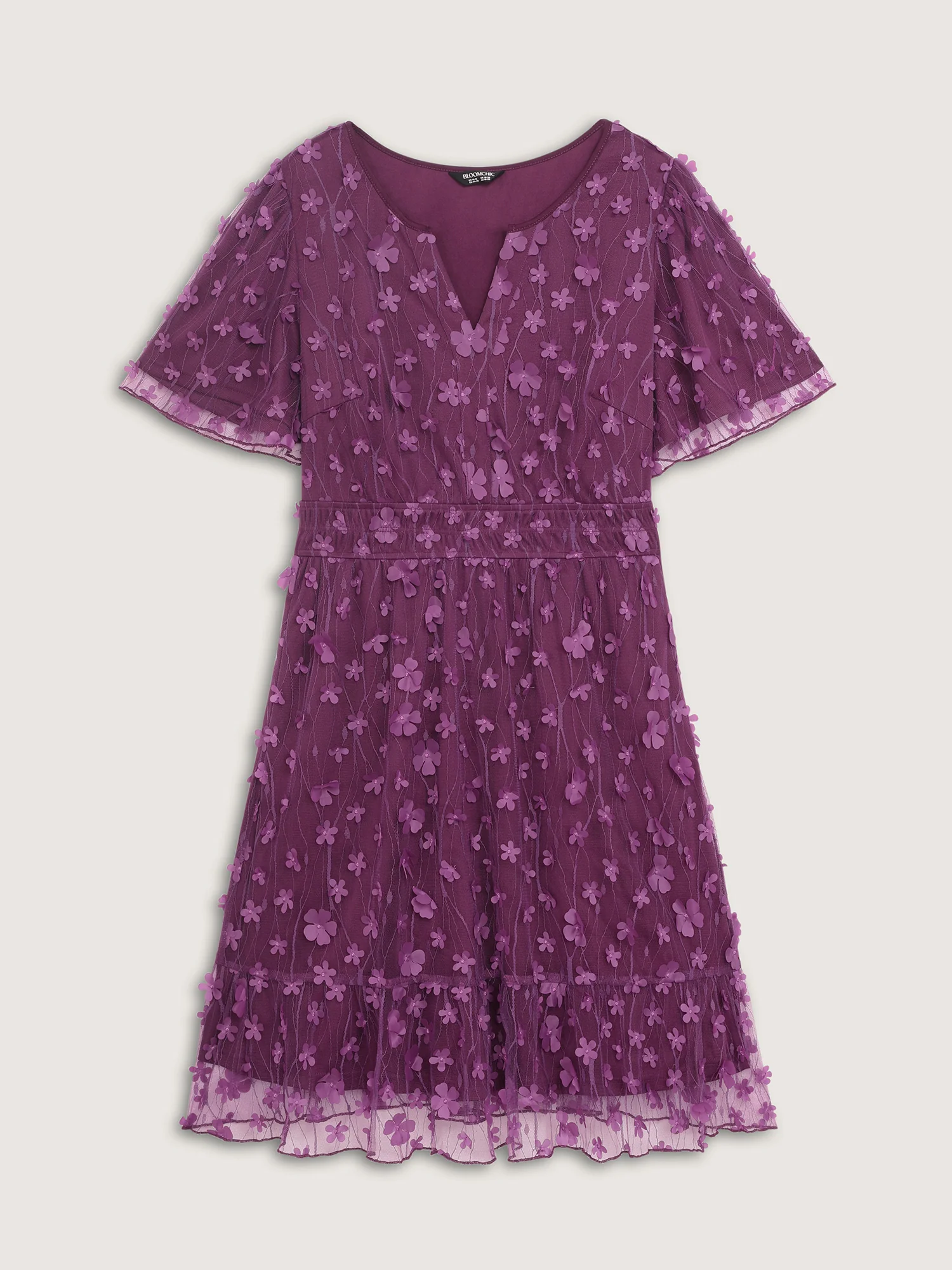 3D Floral Mesh Notched Neckline Midi Dress - Image 7