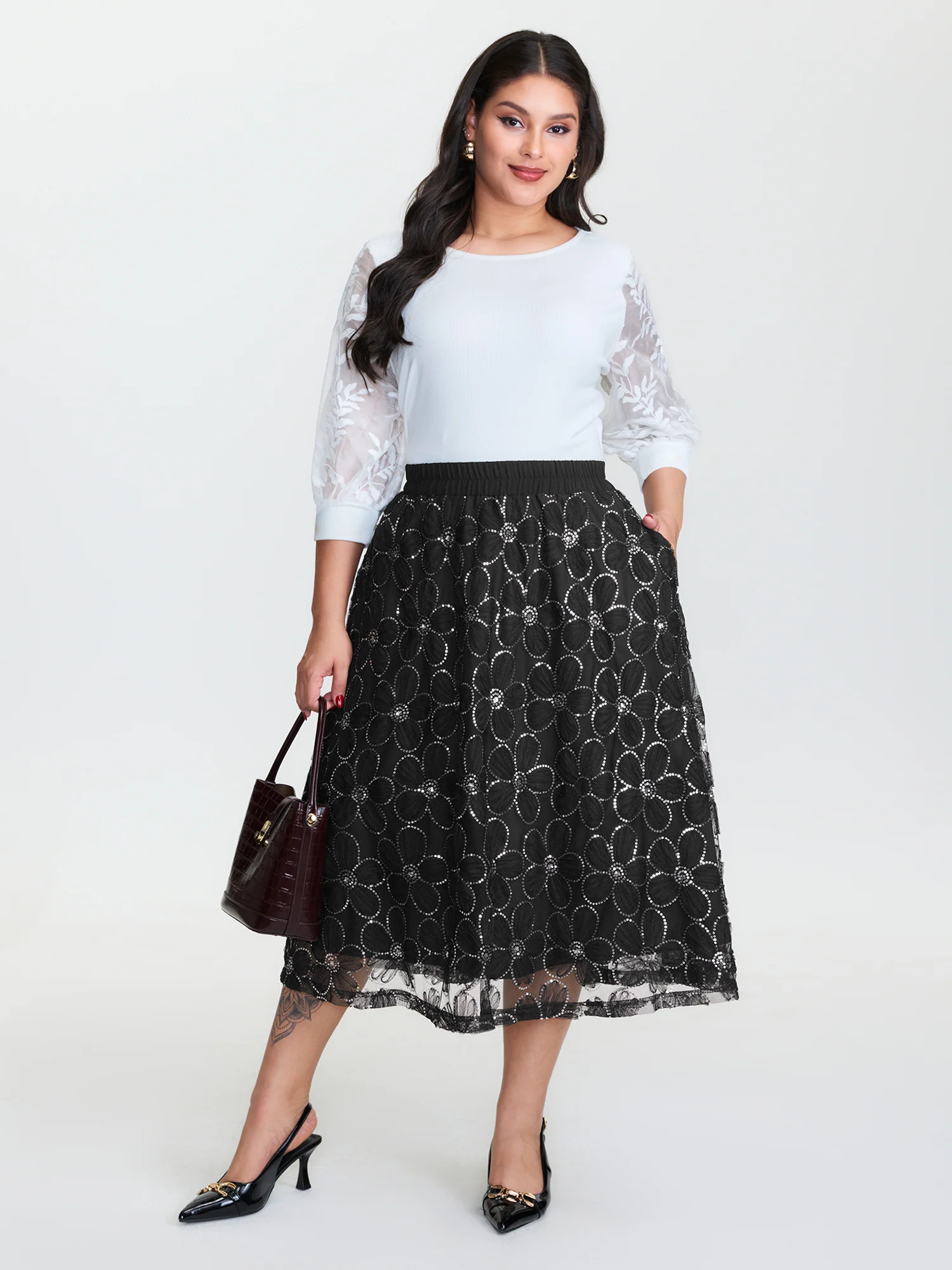 3D Floral Mesh Stretchy Waist Maxi Skirt - Image 2