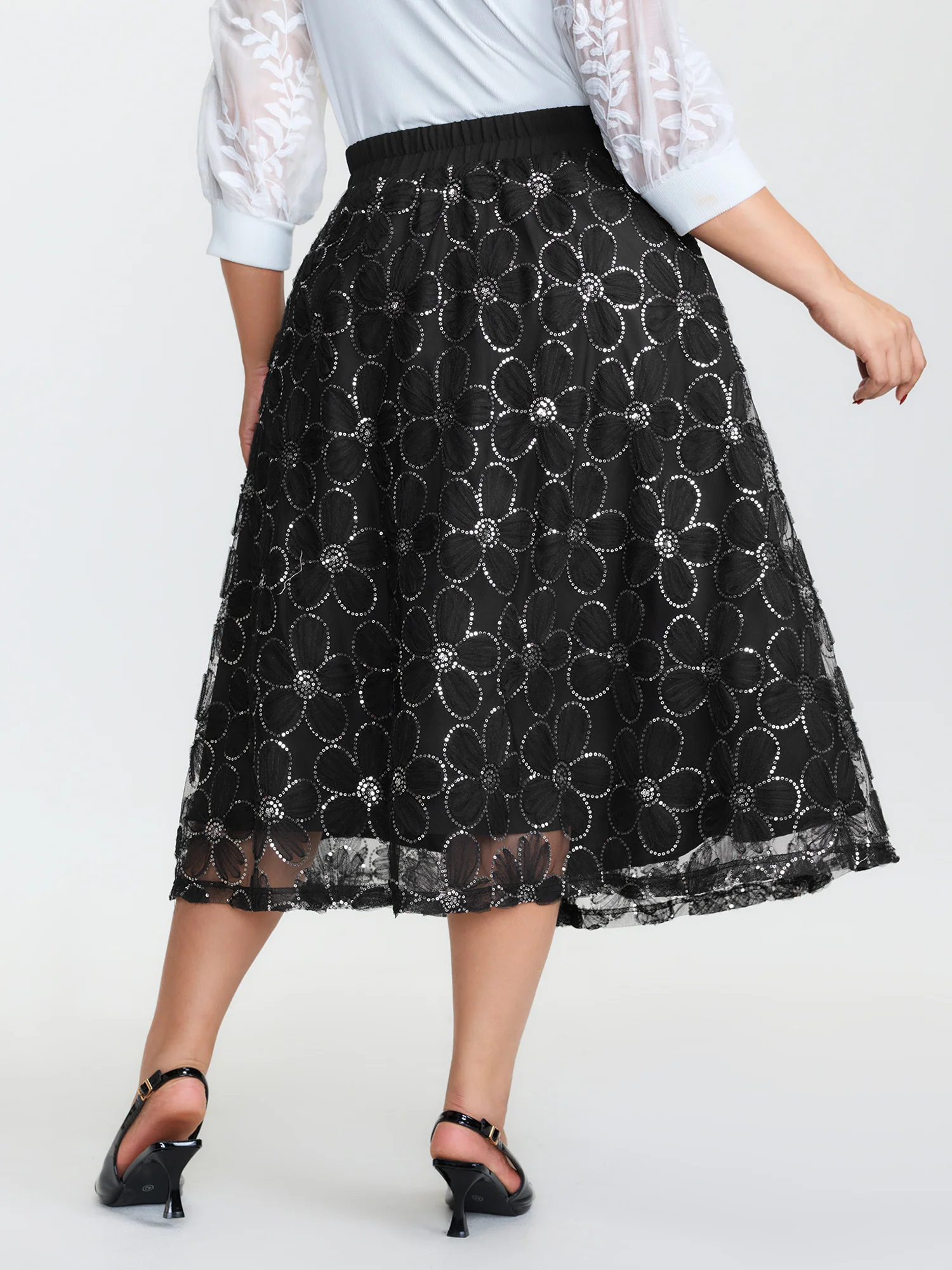 3D Floral Mesh Stretchy Waist Maxi Skirt - Image 5