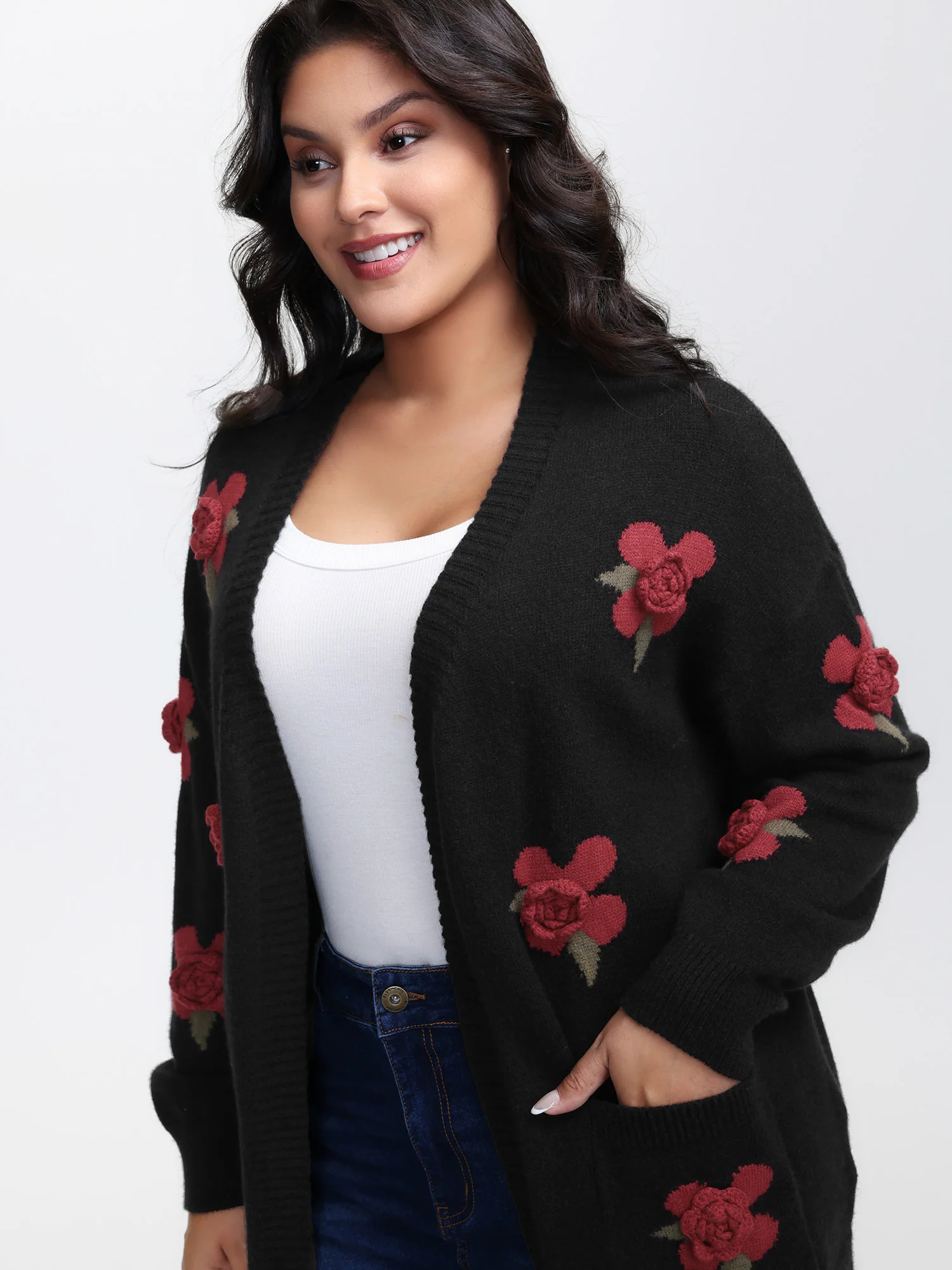 3D Floral Pattern Pockets Knit Cardigan - Image 3