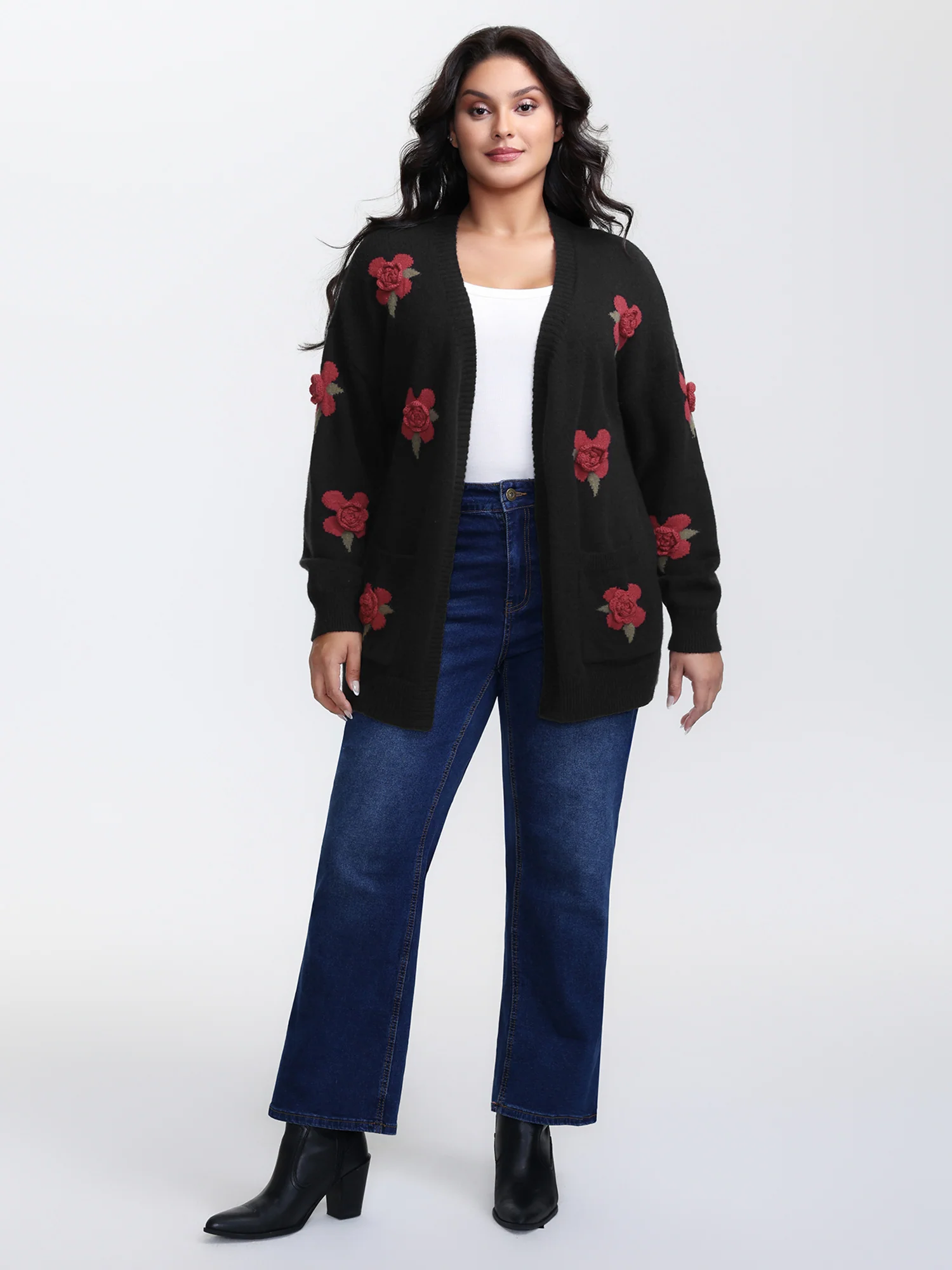 3D Floral Pattern Pockets Knit Cardigan - Image 4