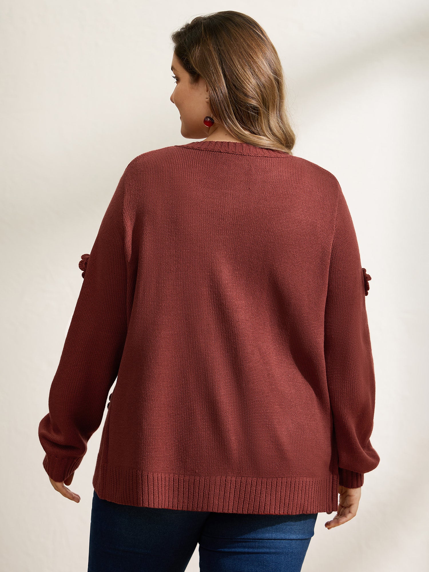 3D Floral Pattern Round Neck Knit Cardigan - Image 5