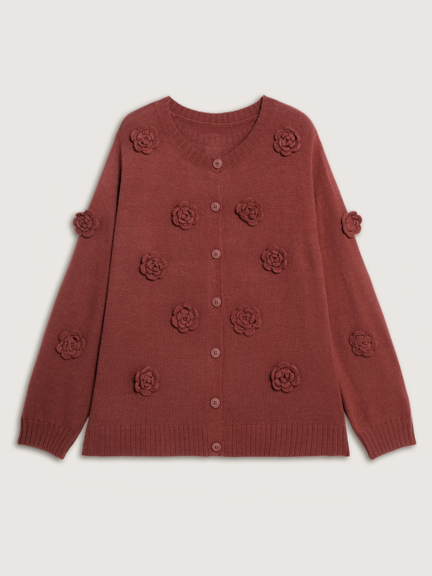 3D Floral Pattern Round Neck Knit Cardigan - Image 9