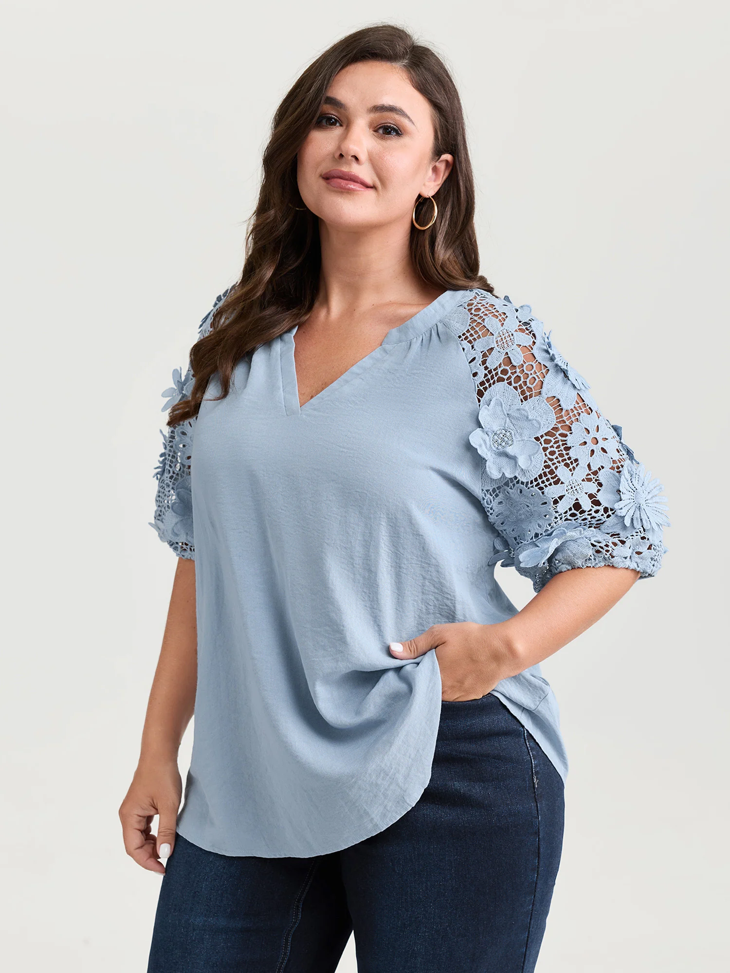 3D Floral Sleeve Spliced Flowy Blouse