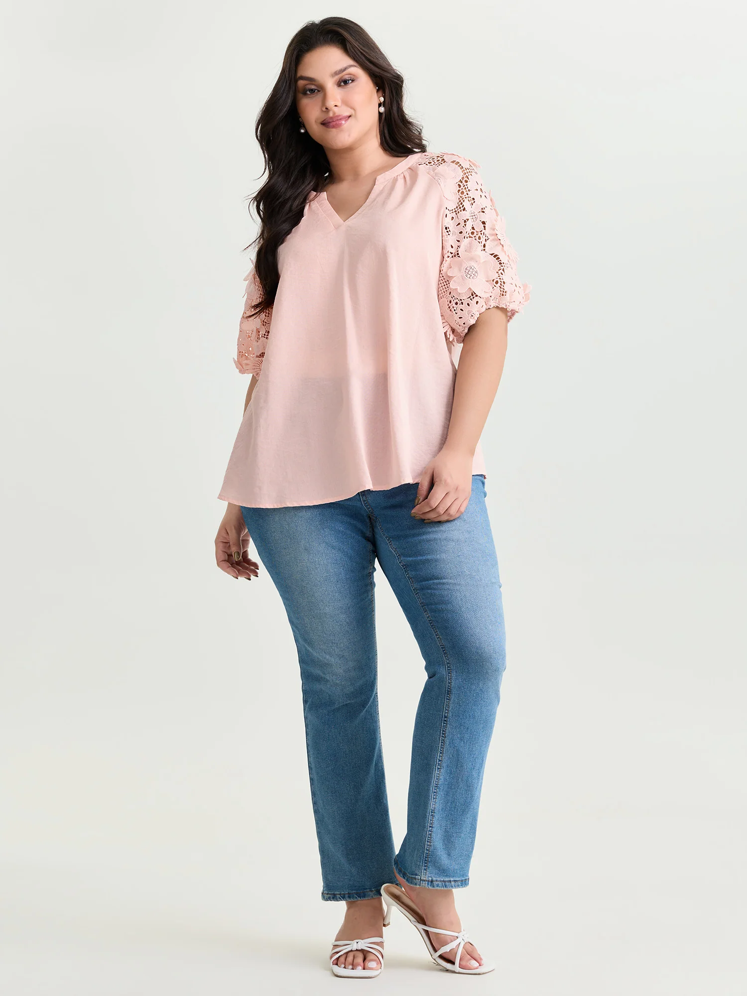 3D Floral Sleeve Spliced Flowy Blouse - Image 11