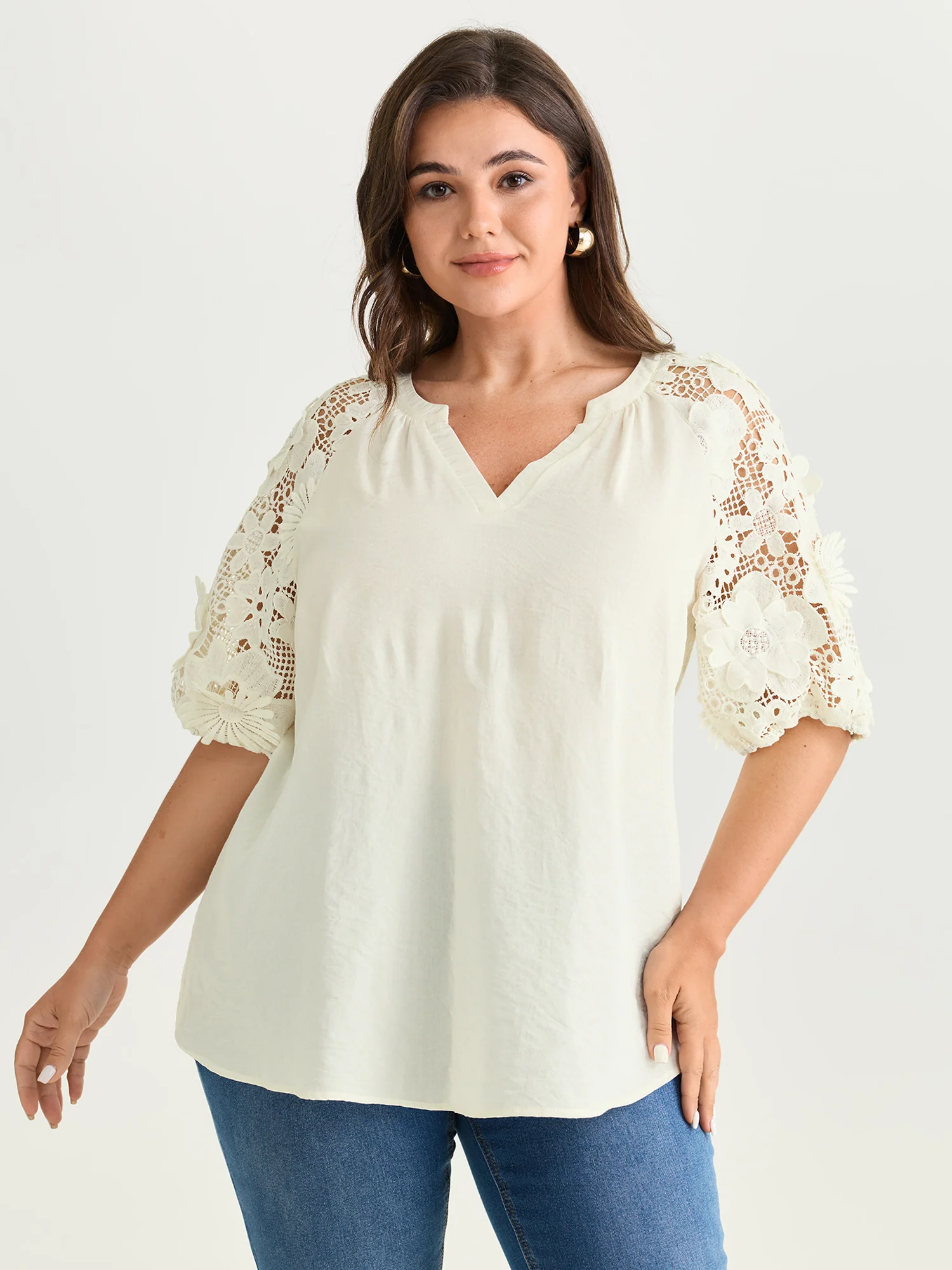3D Floral Sleeve Spliced Flowy Blouse - Image 18
