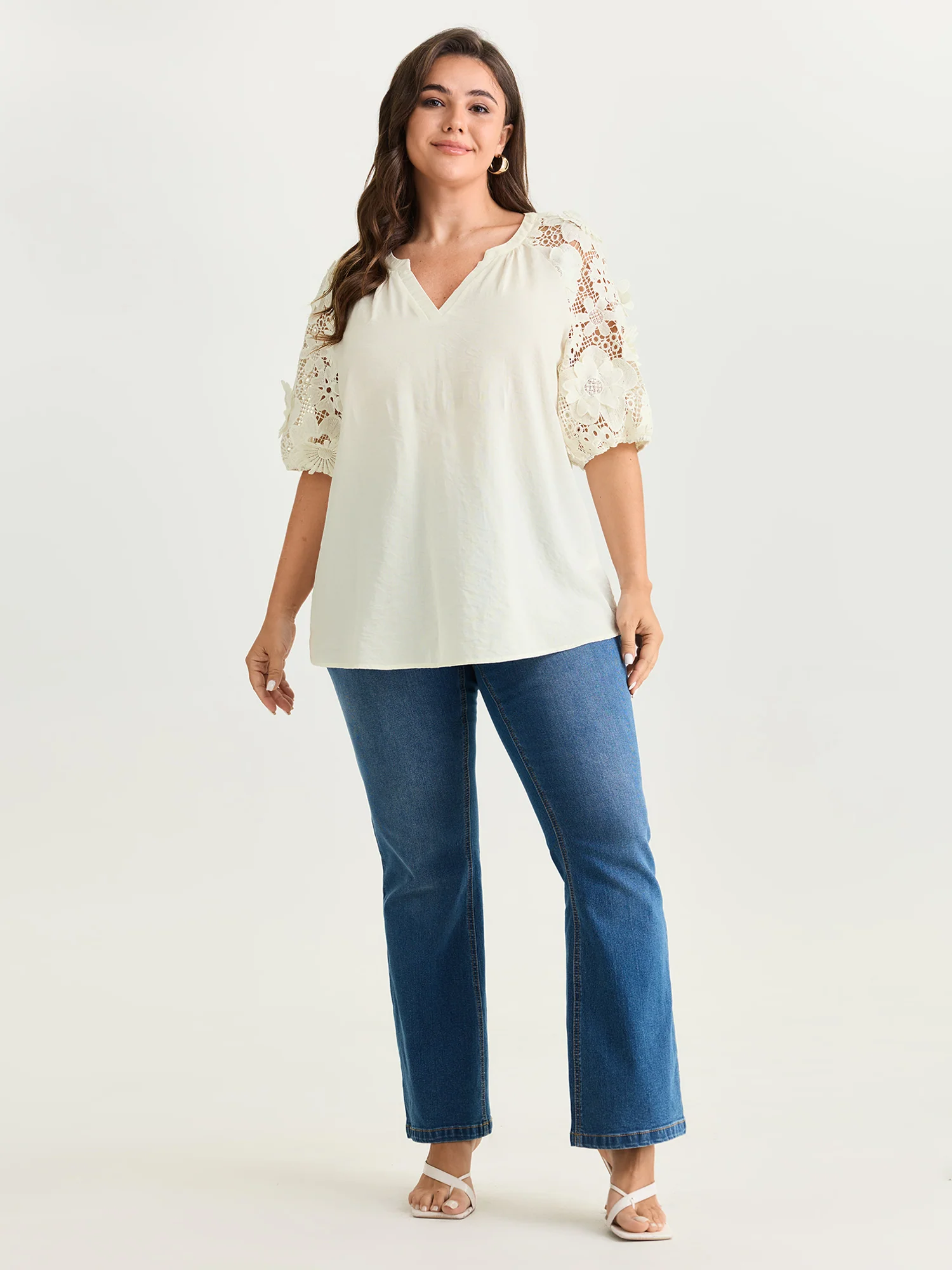 3D Floral Sleeve Spliced Flowy Blouse - Image 19