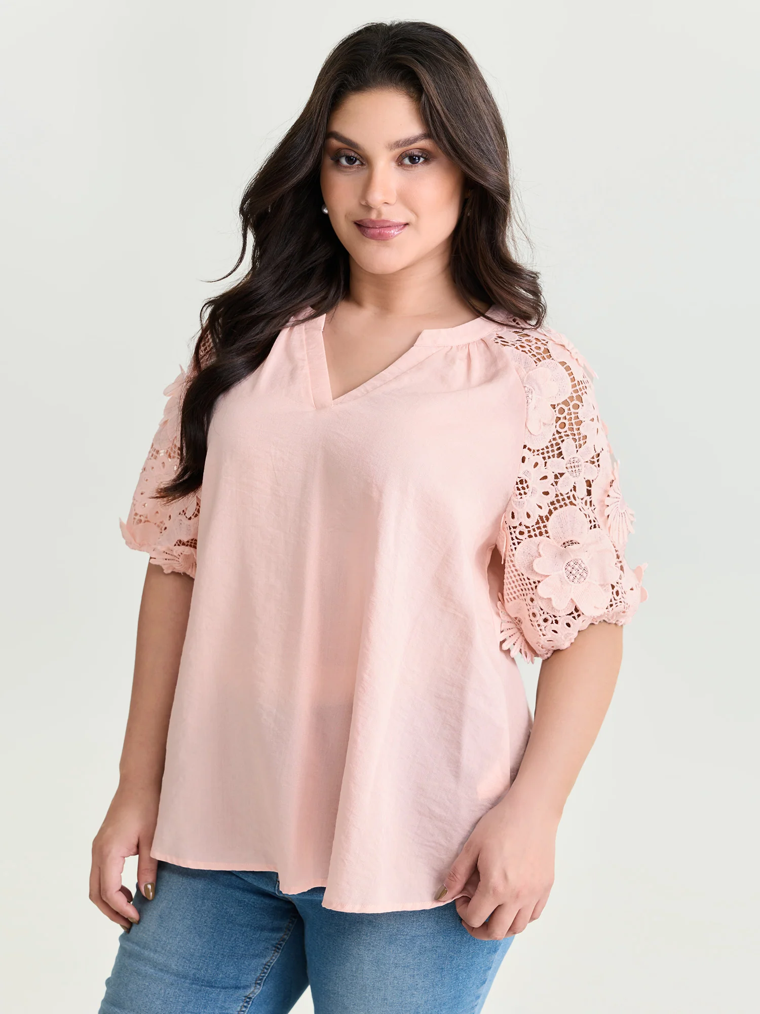 3D Floral Sleeve Spliced Flowy Blouse - Image 9