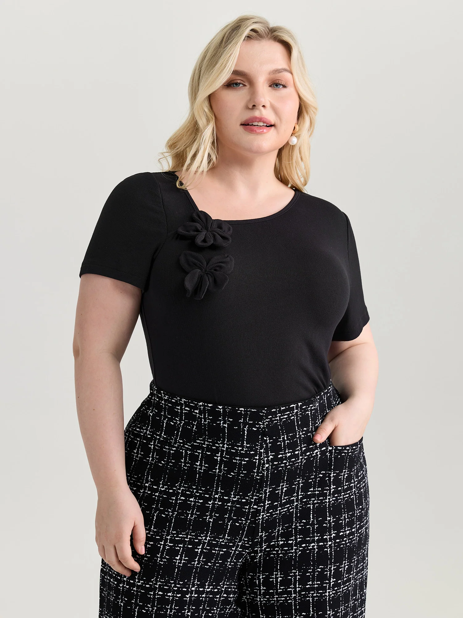 3D Flower Detail Asymmetrical Neckline Top - Image 2