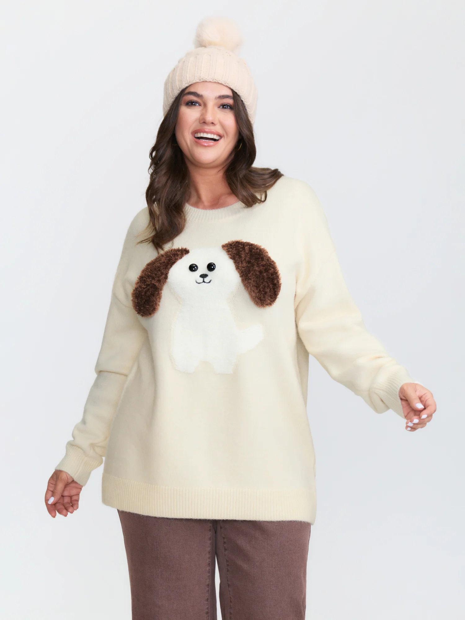 3D Puppy Embroidered Stretchy Drop Shoulder Pullover