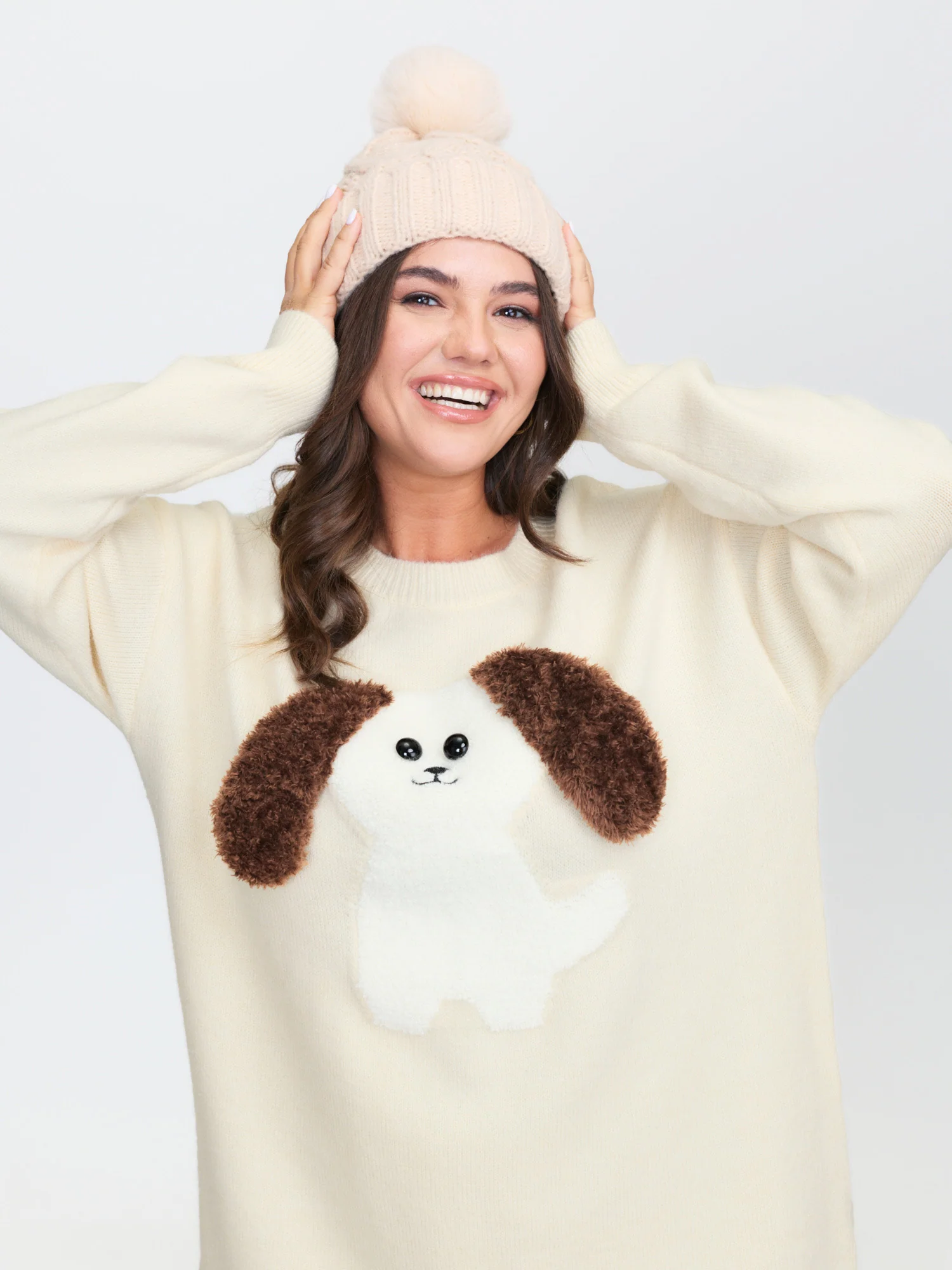 3D Puppy Embroidered Stretchy Drop Shoulder Pullover - Image 2