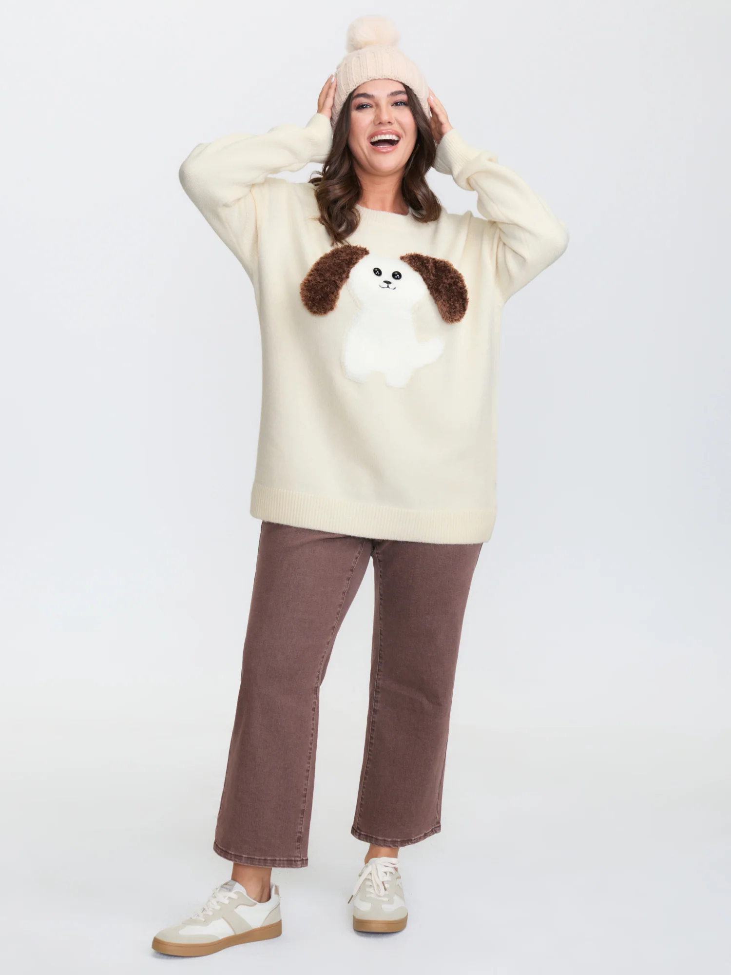 3D Puppy Embroidered Stretchy Drop Shoulder Pullover - Image 3