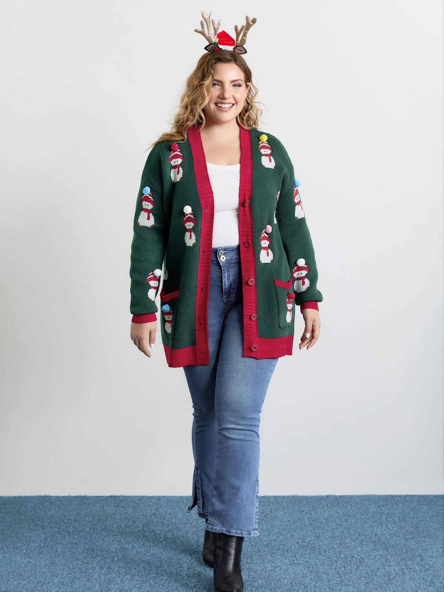 3D Snowman Jacquard Placket Knit Cardigan - Image 3