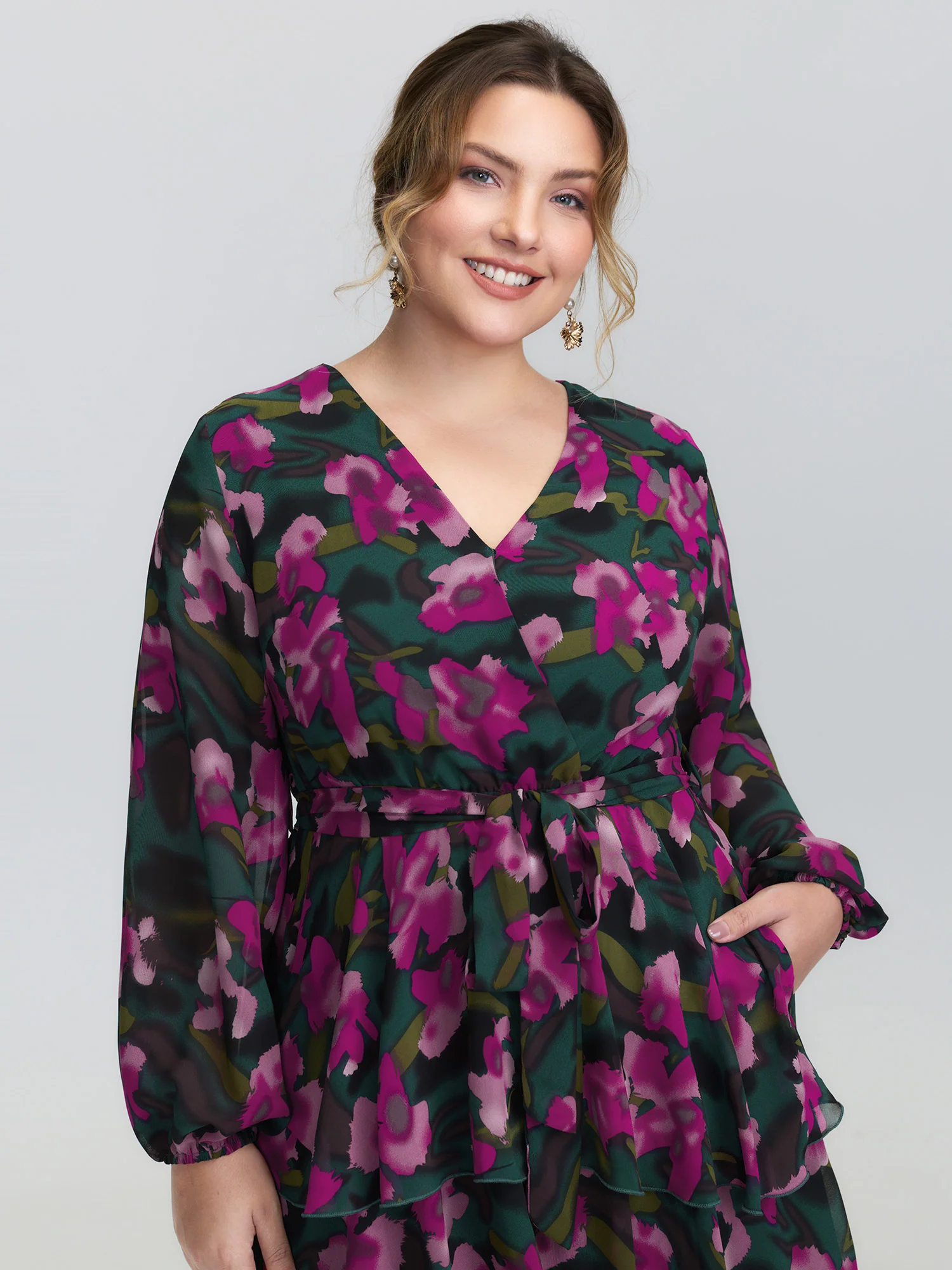 Abstract Floral Print Layered Pockets Midi Dress - Image 2